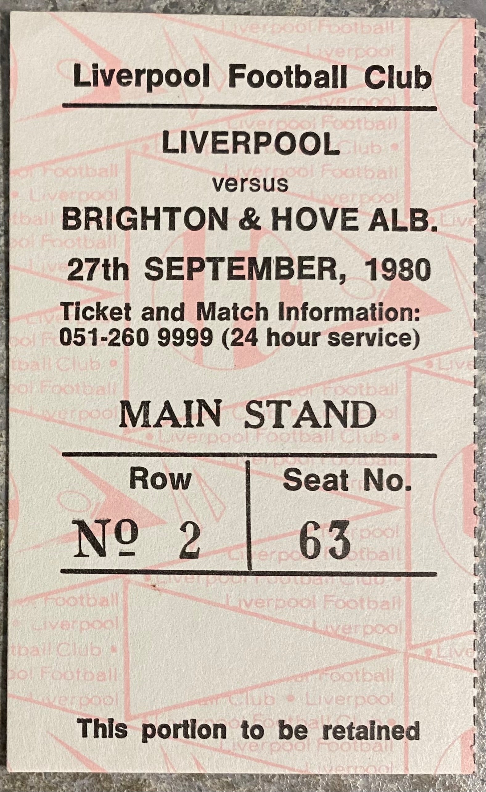1980/81 ORIGINAL DIVISION ONE TICKET LIVERPOOL V BRIGHTON AND HOVE ALBION