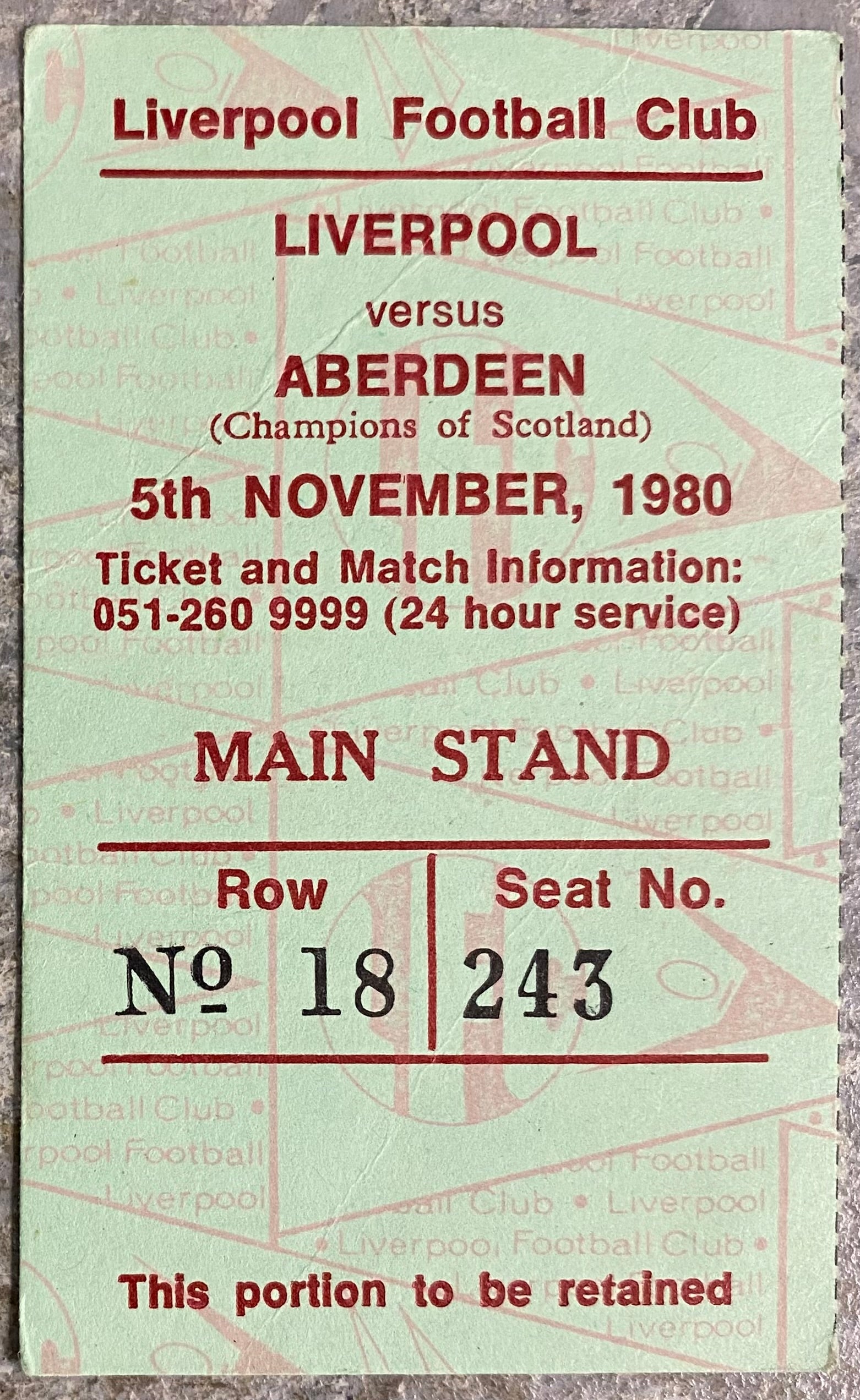 1980/81 ORIGINAL EUROPEAN CUP 2ND ROUND 2ND LEG  TICKET LIVERPOOL V ABERDEEN