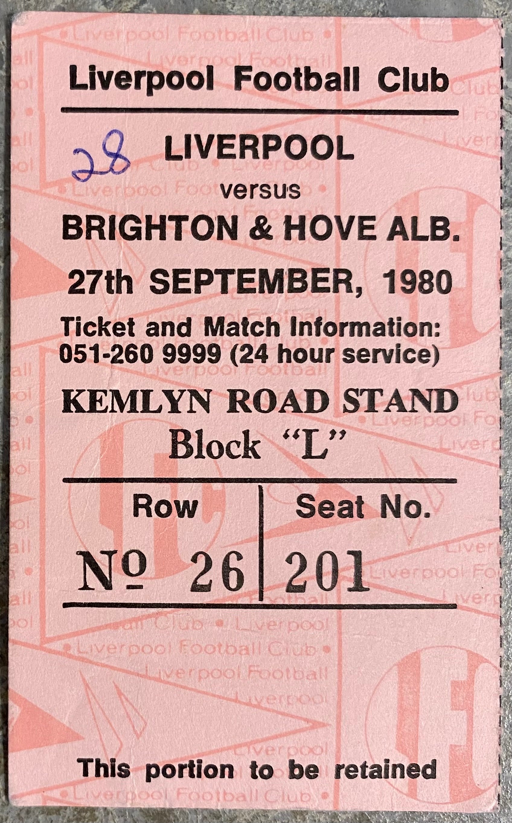 1980/81 ORIGINAL DIVISION ONE TICKET LIVERPOOL V BRIGHTON AND HOVE ALBION