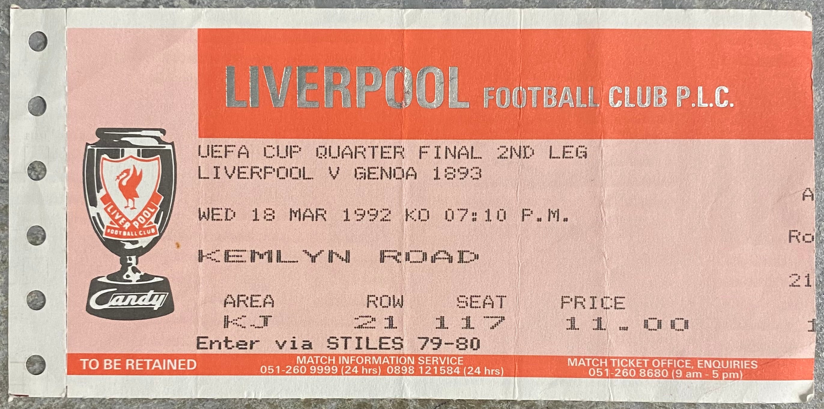 1991/92 ORIGINAL UEFA CUP QUARTER FINAL 2ND LEG  TICKET LIVERPOOL V GENOA 1893