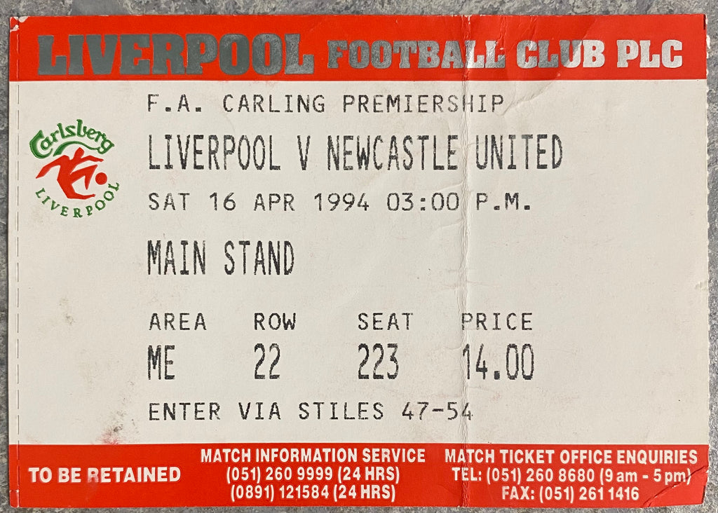1993/94 ORIGINAL FA PREMIERSHIP TICKET LIVERPOOL V NEWCASTLE UNITED