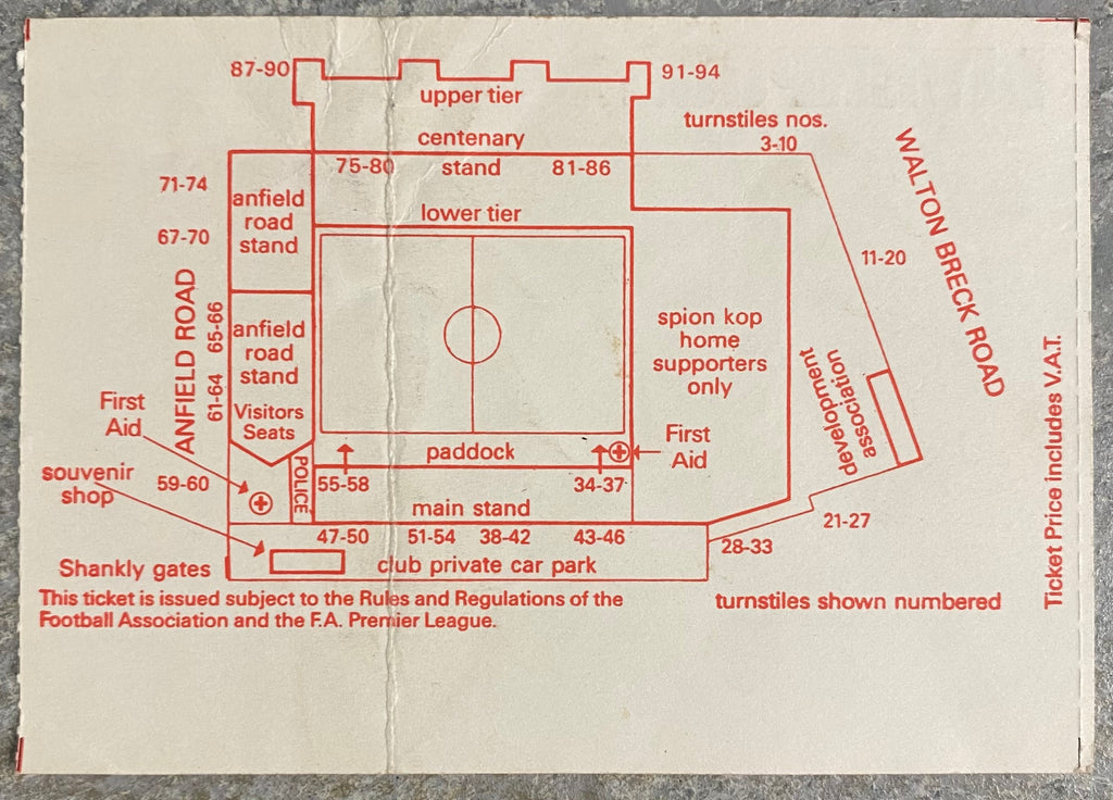 1993/94 ORIGINAL FA PREMIERSHIP TICKET LIVERPOOL V NEWCASTLE UNITED