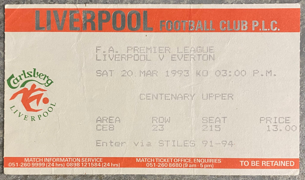 1992/93 ORIGINAL PREMIER LEAGUE TICKET LIVERPOOL V EVERTON