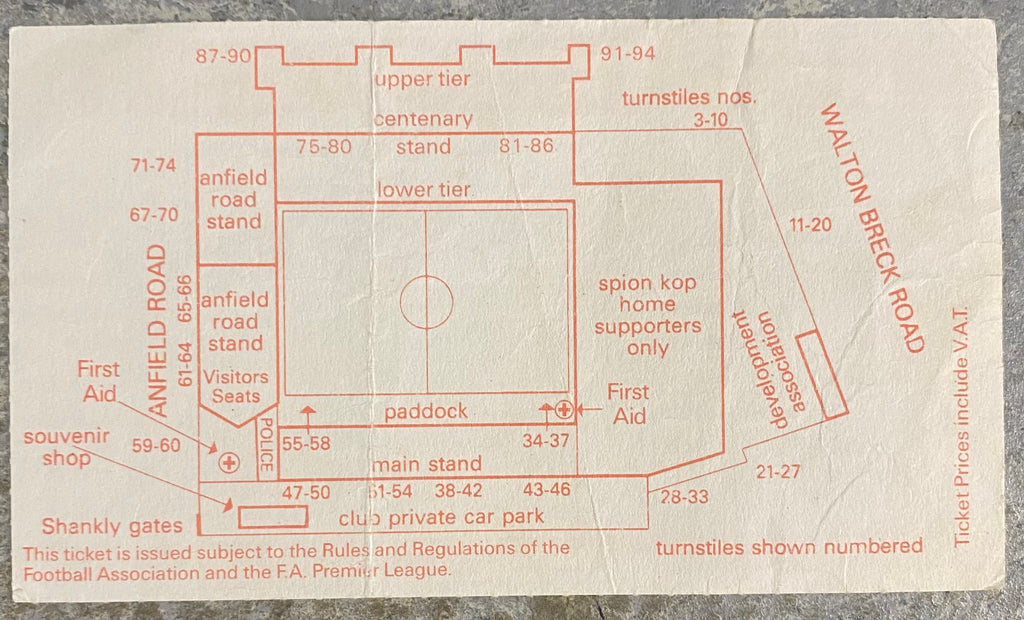 1992/93 ORIGINAL PREMIER LEAGUE TICKET LIVERPOOL V EVERTON