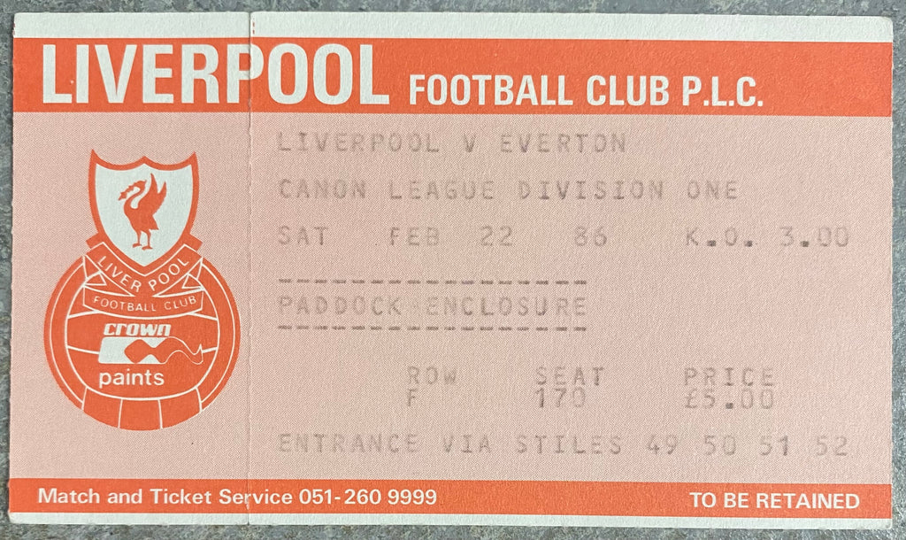 1985/86 ORIGINAL DIVISION ONE TICKET LIVERPOOL V EVERTON