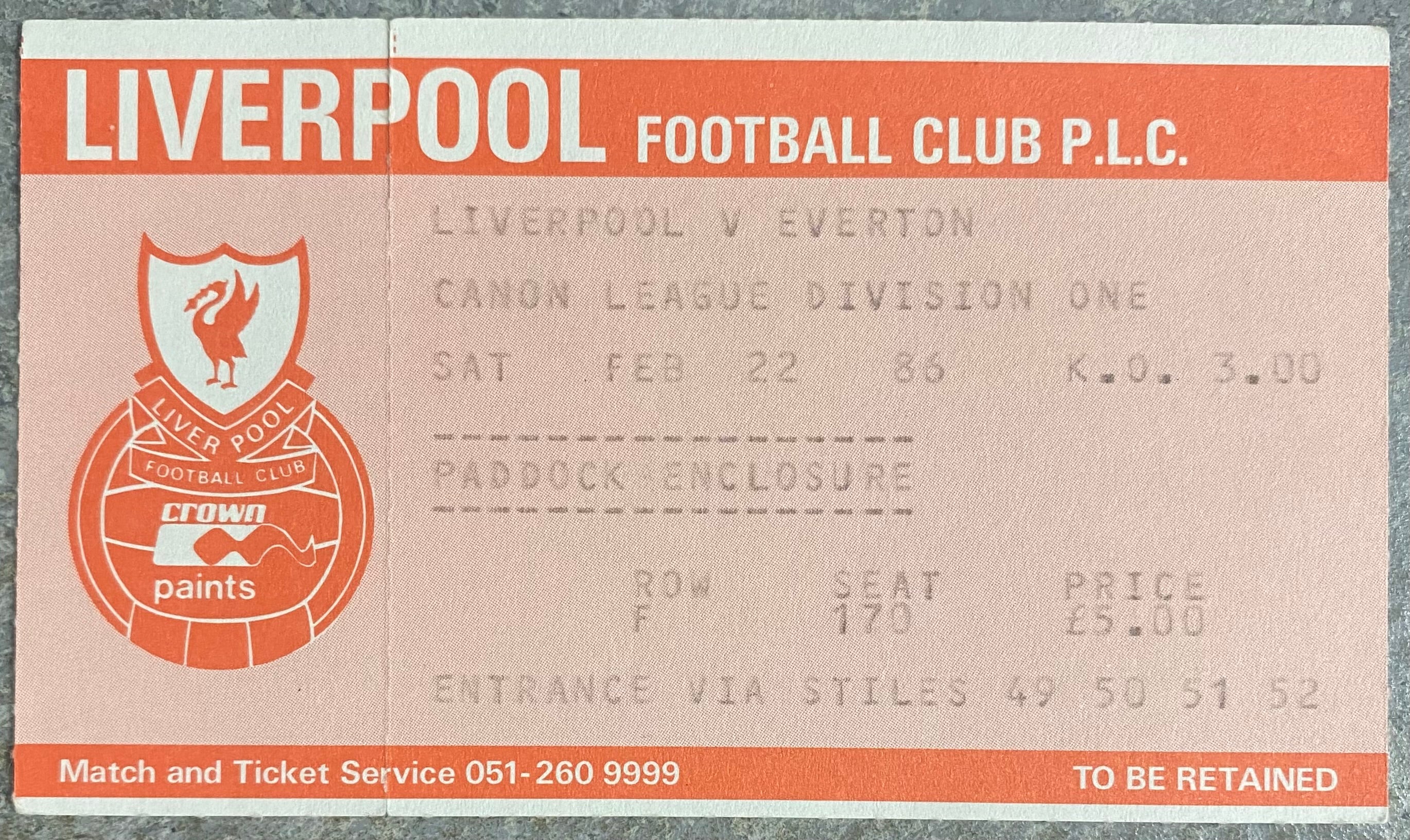 1985/86 ORIGINAL DIVISION ONE TICKET LIVERPOOL V EVERTON