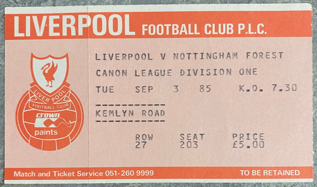 1985/86 ORIGINAL DIVISION ONE TICKET LIVERPOOL V NOTTINGHAM FOREST