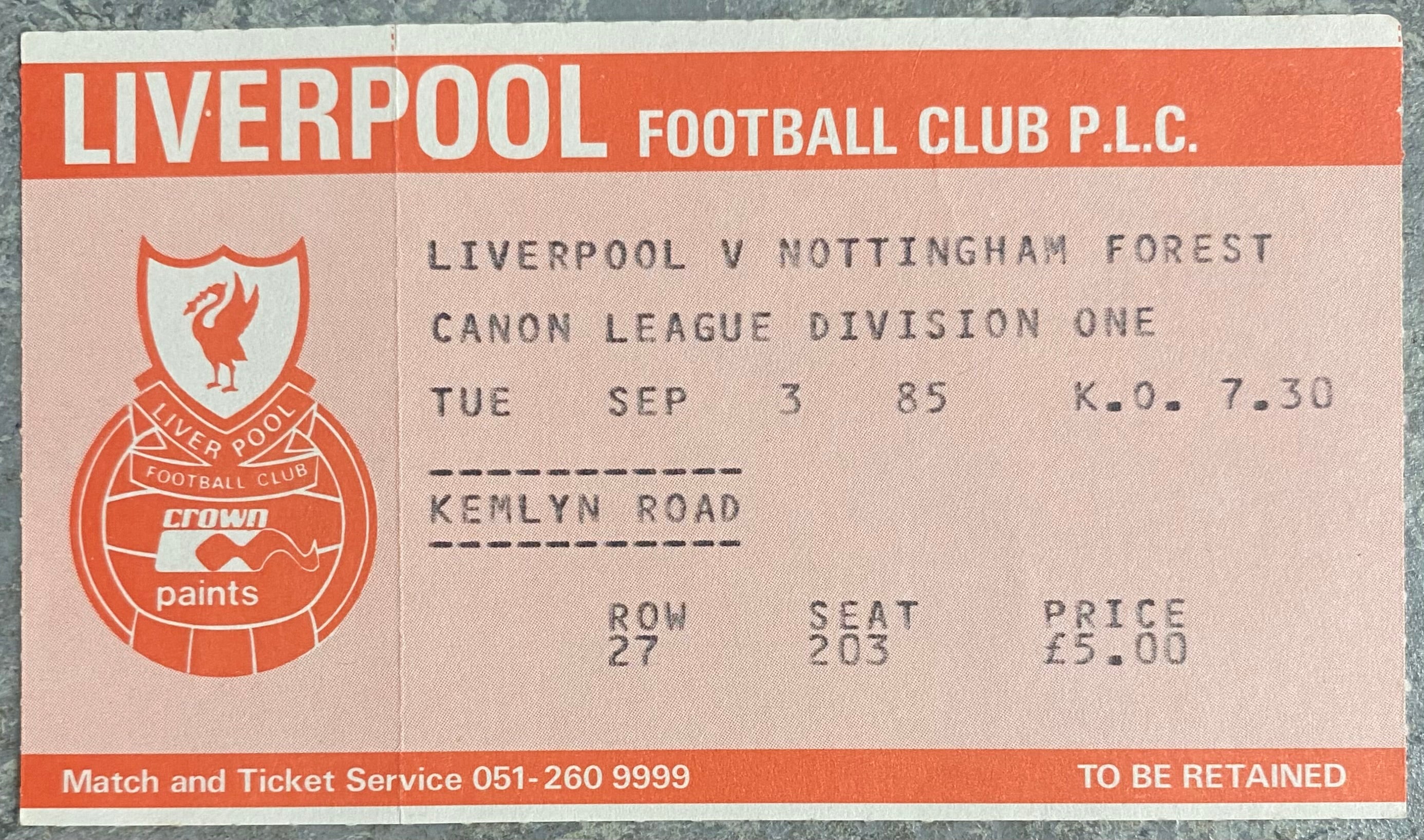 1985/86 ORIGINAL DIVISION ONE TICKET LIVERPOOL V NOTTINGHAM FOREST