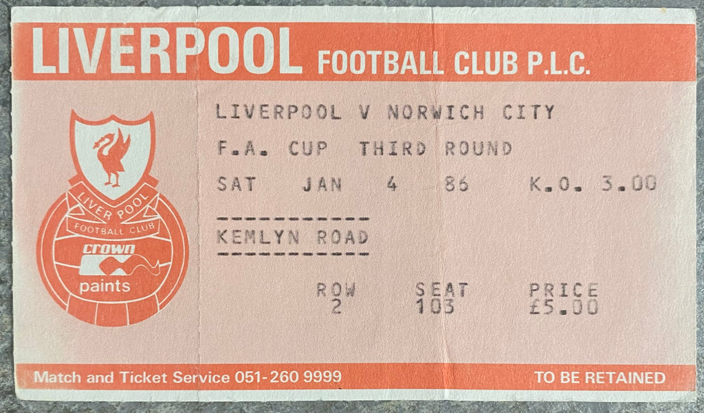 1985/86 ORIGINAL FA CUP 3RD ROUND TICKET LIVERPOOL V NORWICH CITY