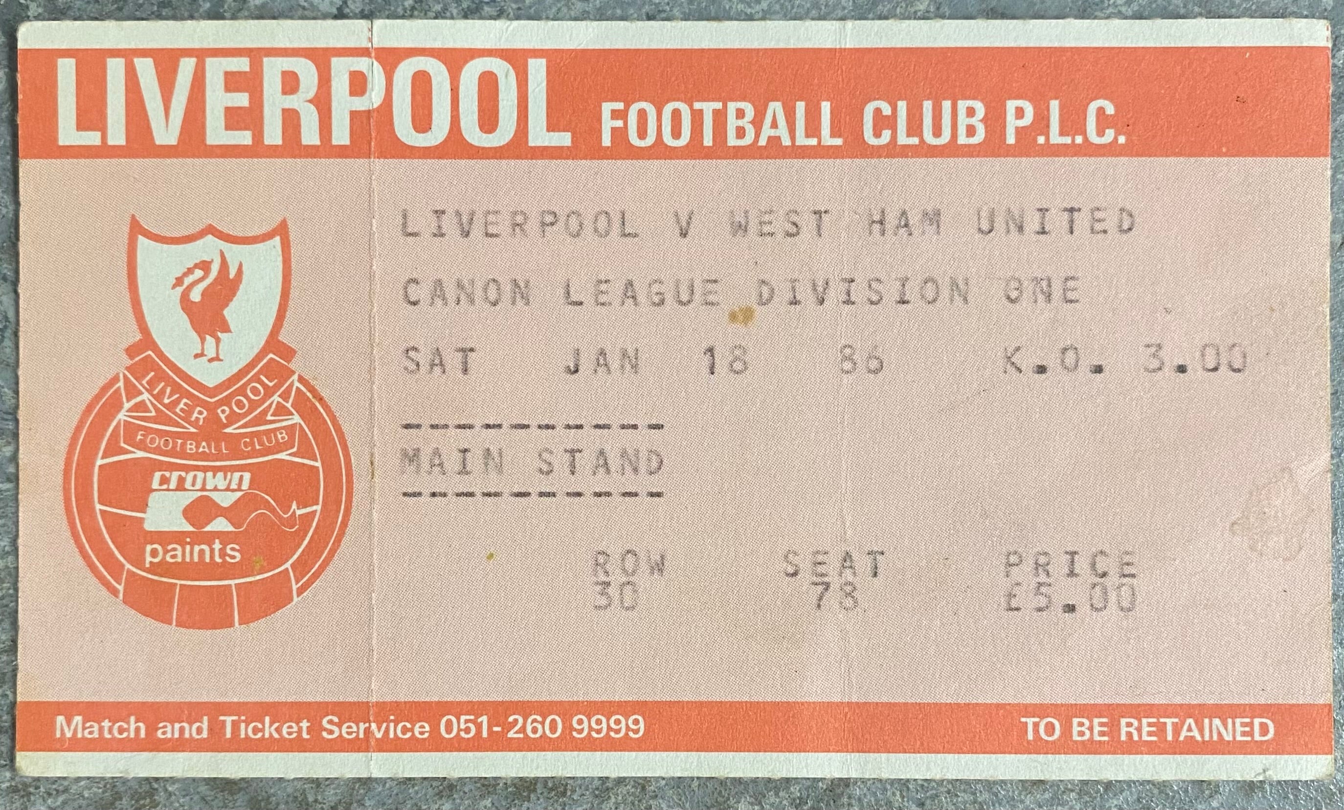 1985/86 ORIGINAL DIVISION ONE TICKET LIVERPOOL V WEST HAM UNITED