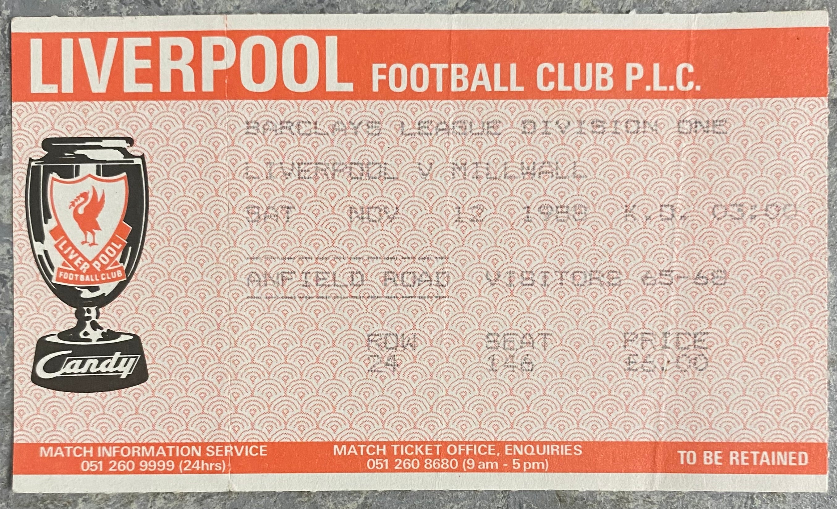 1988/89 ORIGINAL DIVISION ONE TICKET LIVERPOOL V MILLWALL