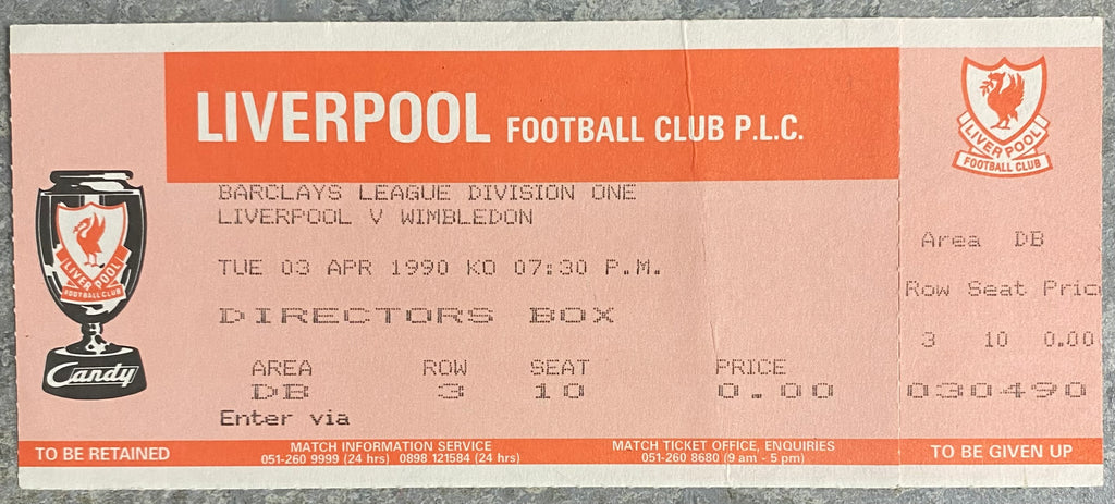 1989/90 ORIGINAL DIVISION ONE UNUSED TICKET LIVERPOOL V WIMBLEDON