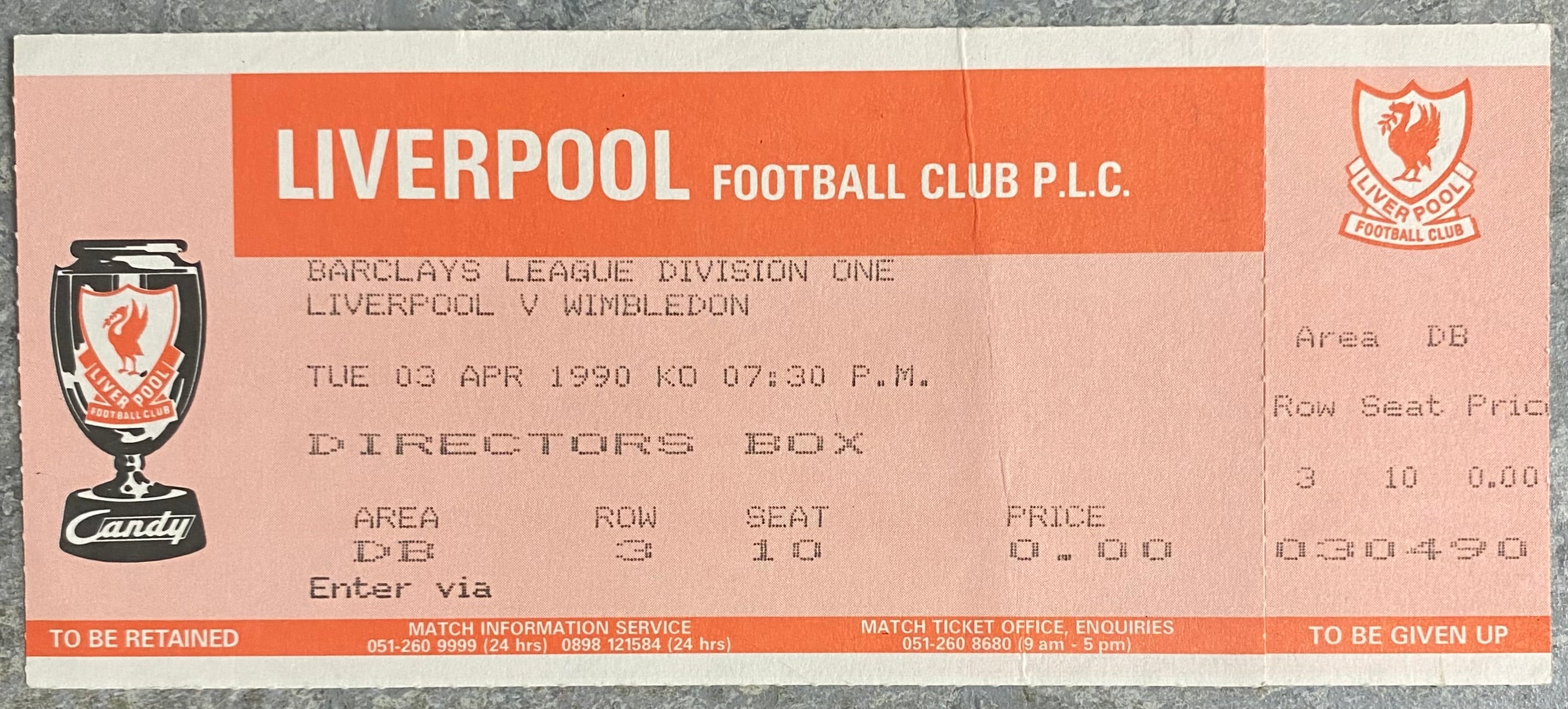 1989/90 ORIGINAL DIVISION ONE UNUSED TICKET LIVERPOOL V WIMBLEDON