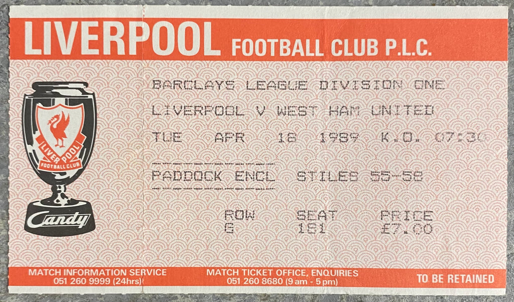 1988/89 ORIGINAL DIVISION ONE TICKET LIVERPOOL V WEST HAM UNITED