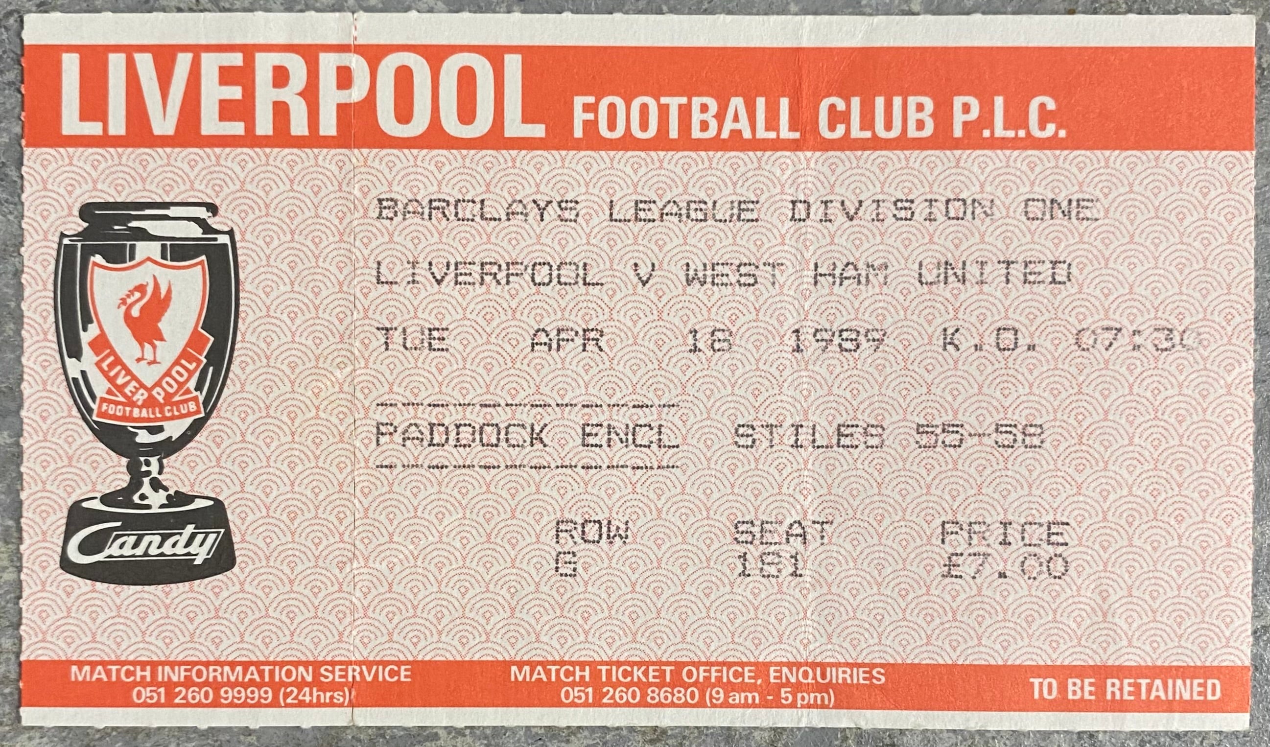 1988/89 ORIGINAL DIVISION ONE TICKET LIVERPOOL V WEST HAM UNITED