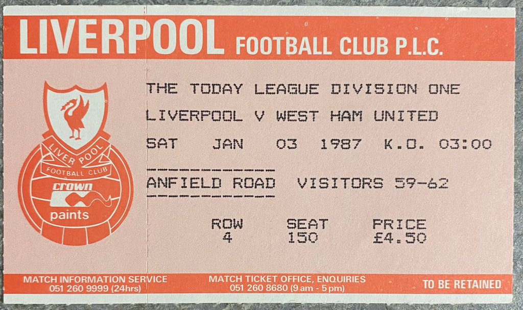 1986/87 ORIGINAL DIVISION ONE TICKET LIVERPOOL V WEST HAM UNITED