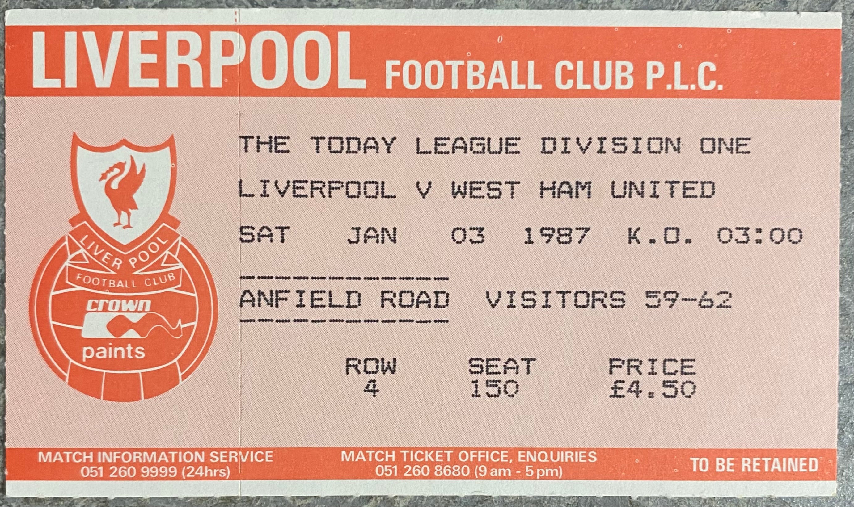1986/87 ORIGINAL DIVISION ONE TICKET LIVERPOOL V WEST HAM UNITED
