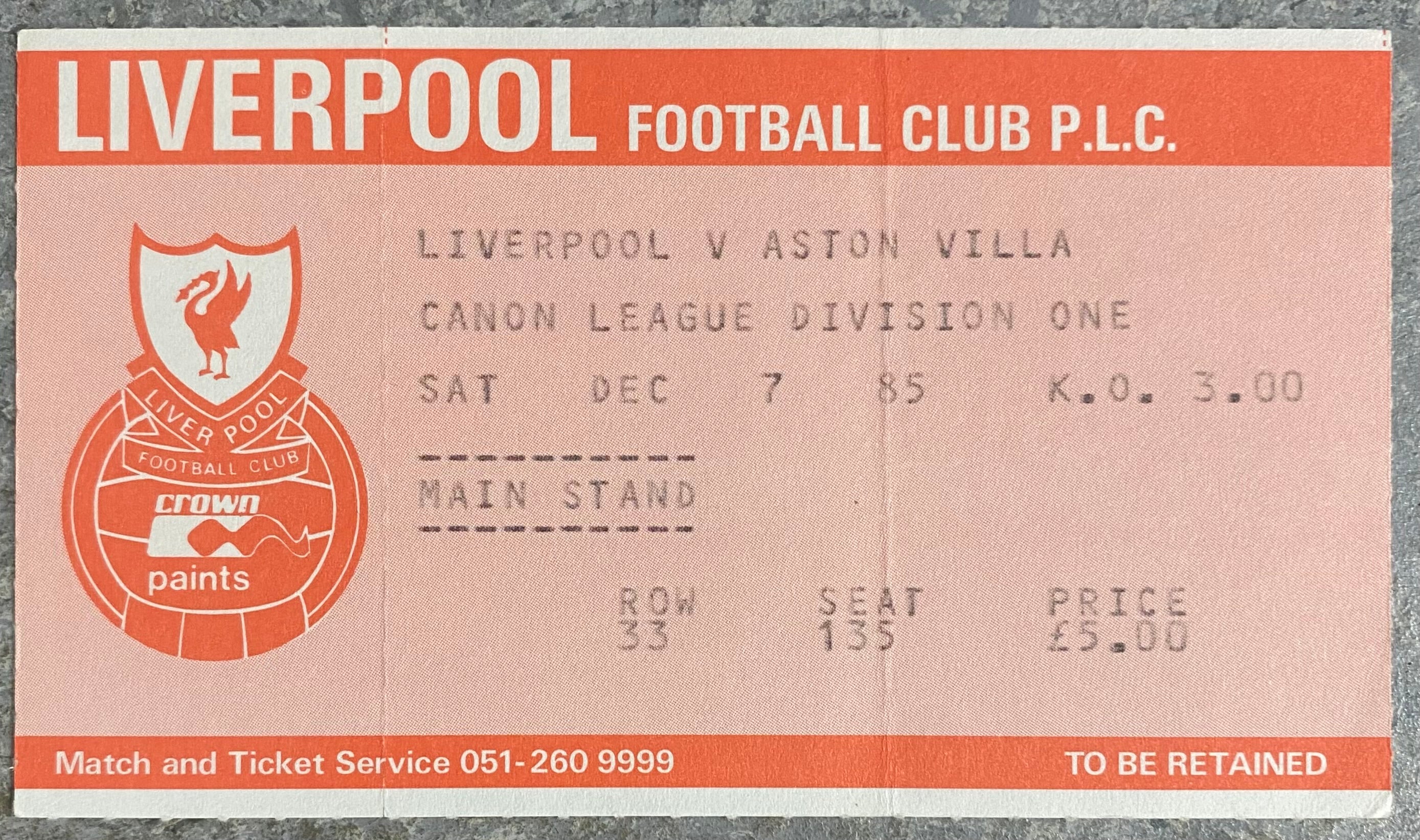 1985/86 ORIGINAL DIVISION ONE TICKET LIVERPOOL V ASTON VILLA