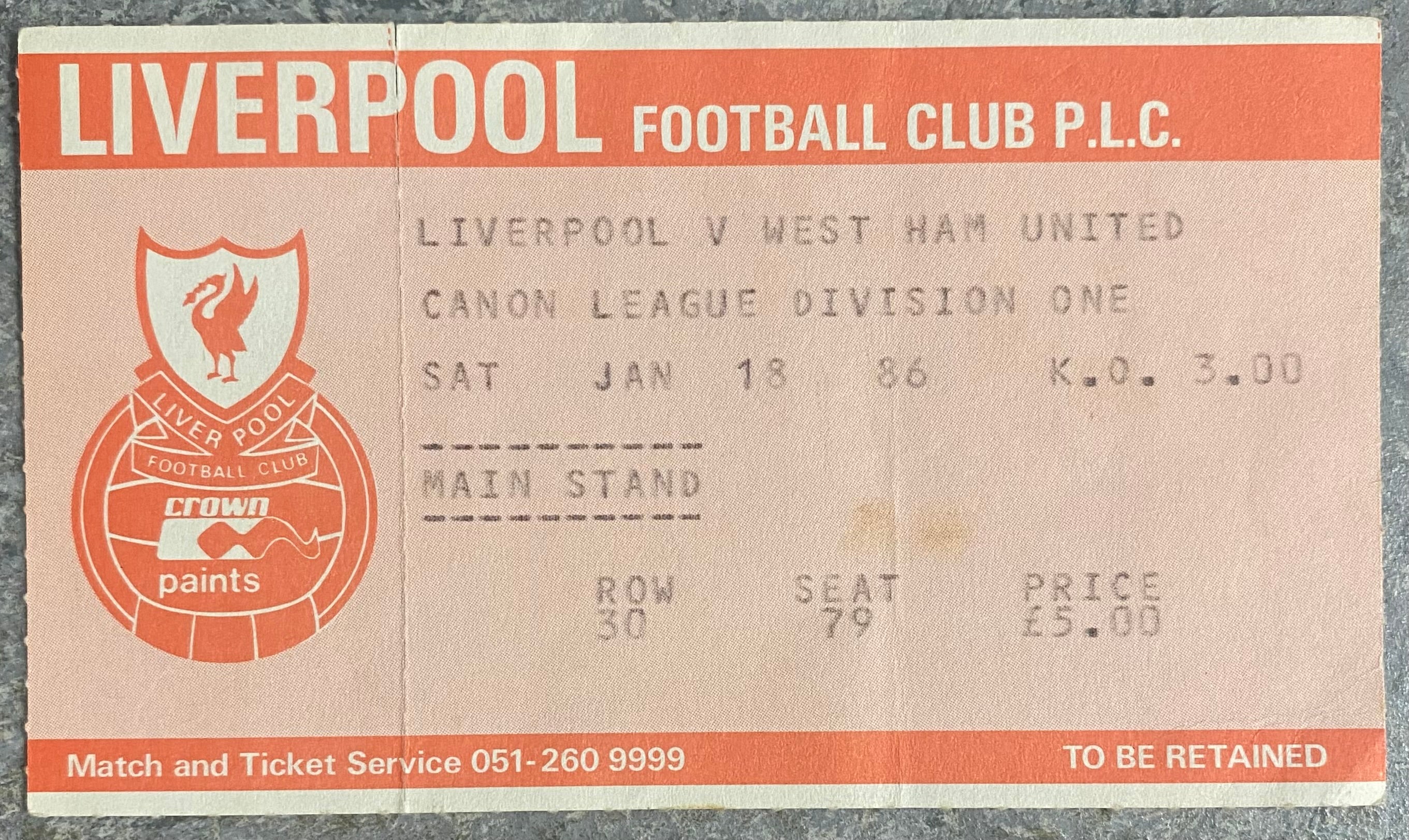 1985/86 ORIGINAL DIVISION ONE TICKET LIVERPOOL V WEST HAM UNITED