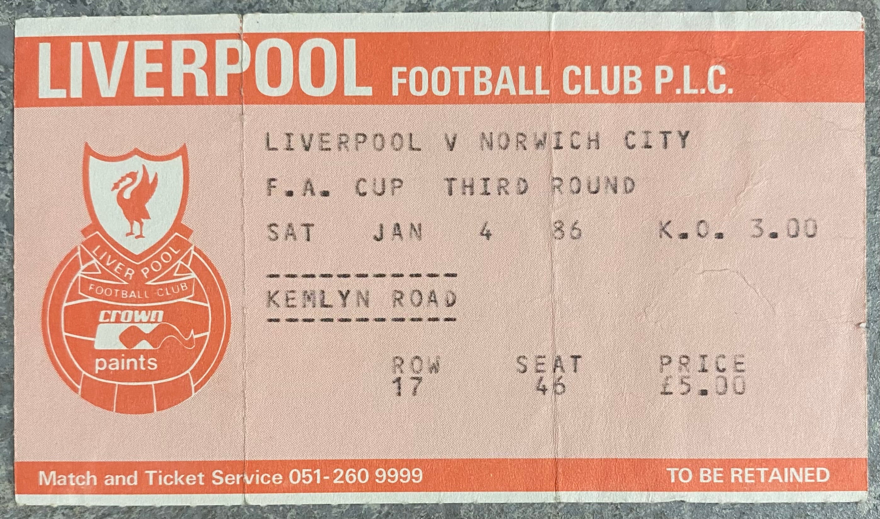 1985/86 ORIGINAL FA CUP 3RD ROUND TICKET LIVERPOOL V NORWICH CITY