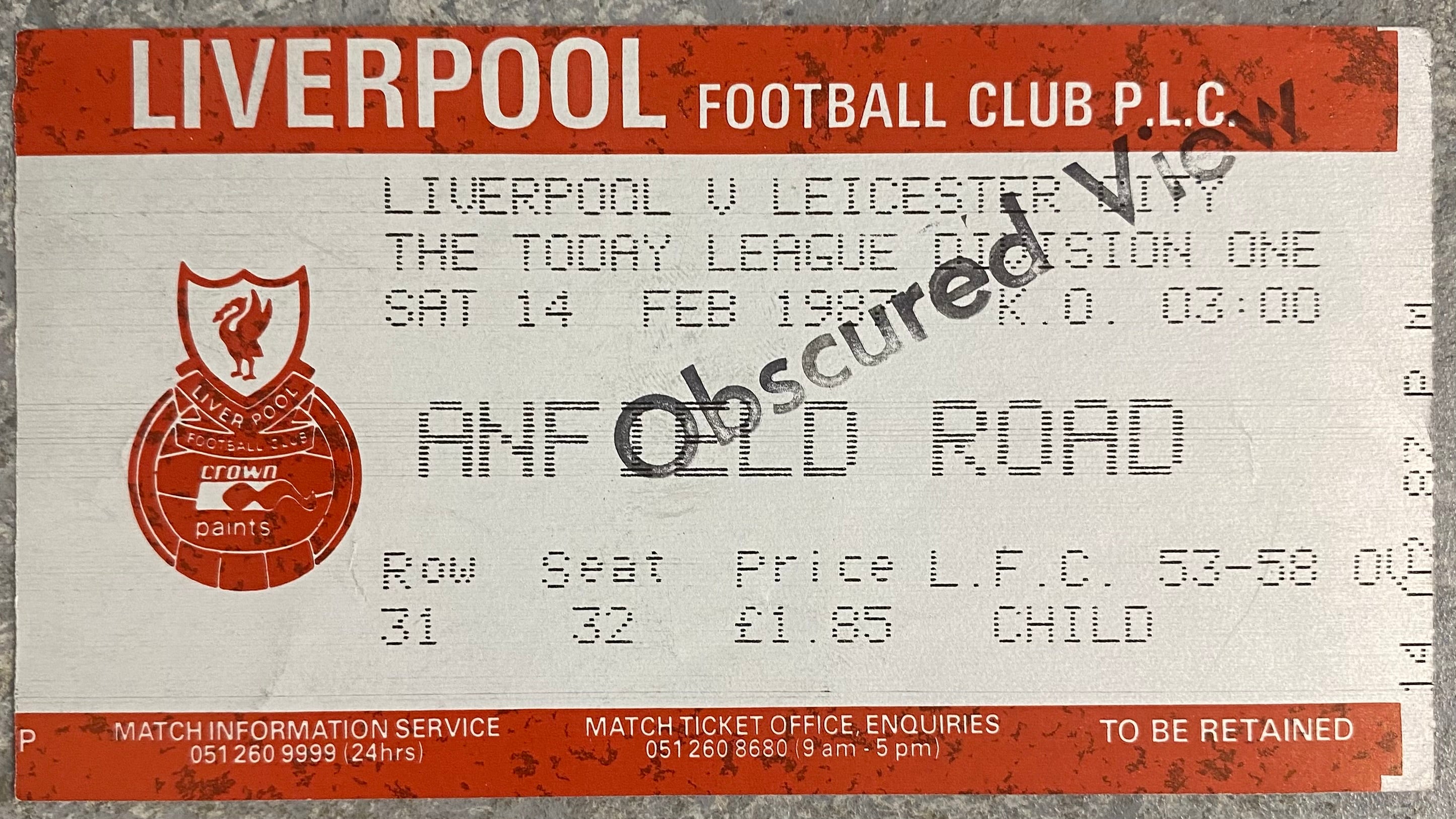 1986/87 ORIGINAL DIVISION ONE TICKET LIVERPOOL V LEICESTER CITY