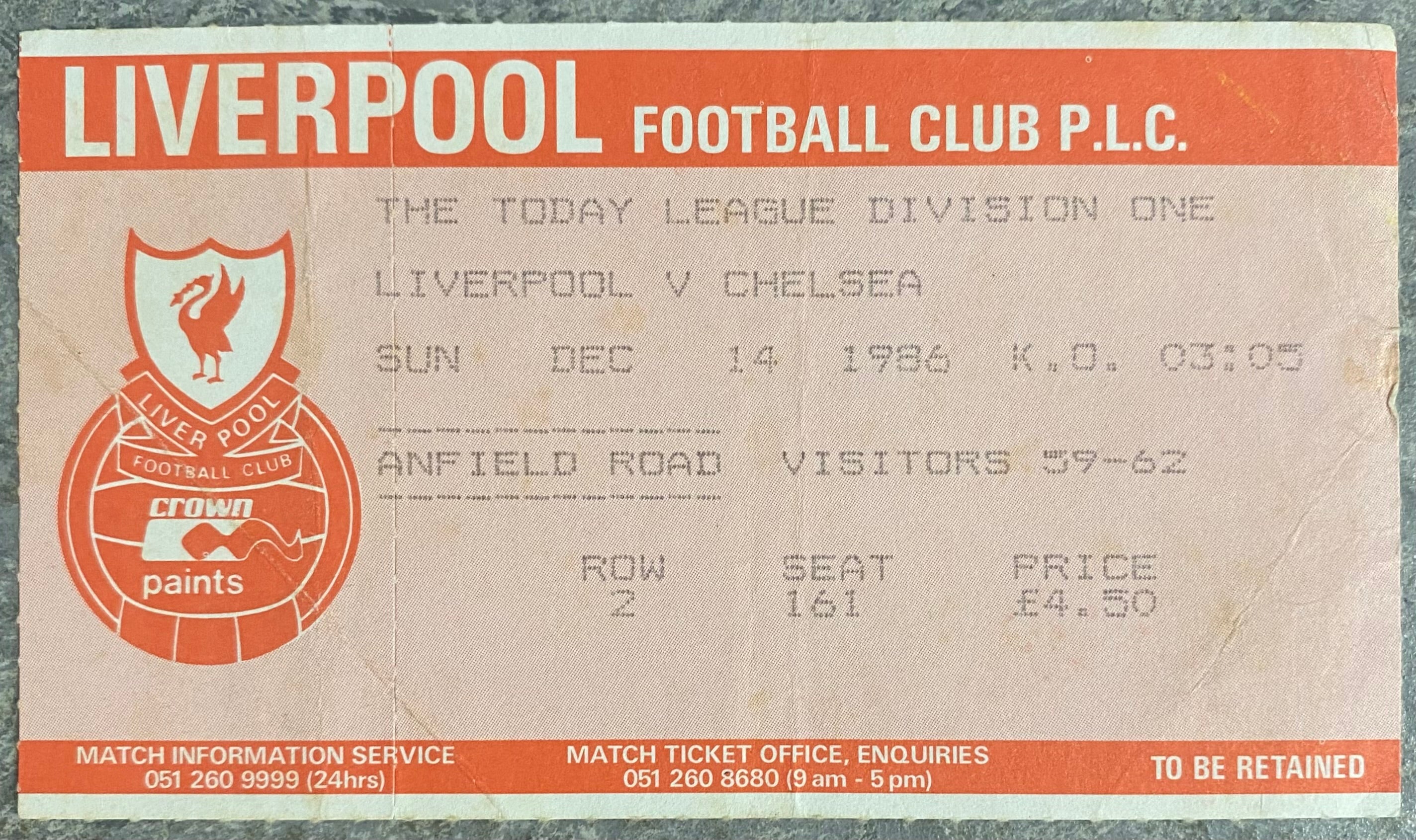 1986/87 ORIGINAL DIVISION ONE TICKET LIVERPOOL V CHELSEA
