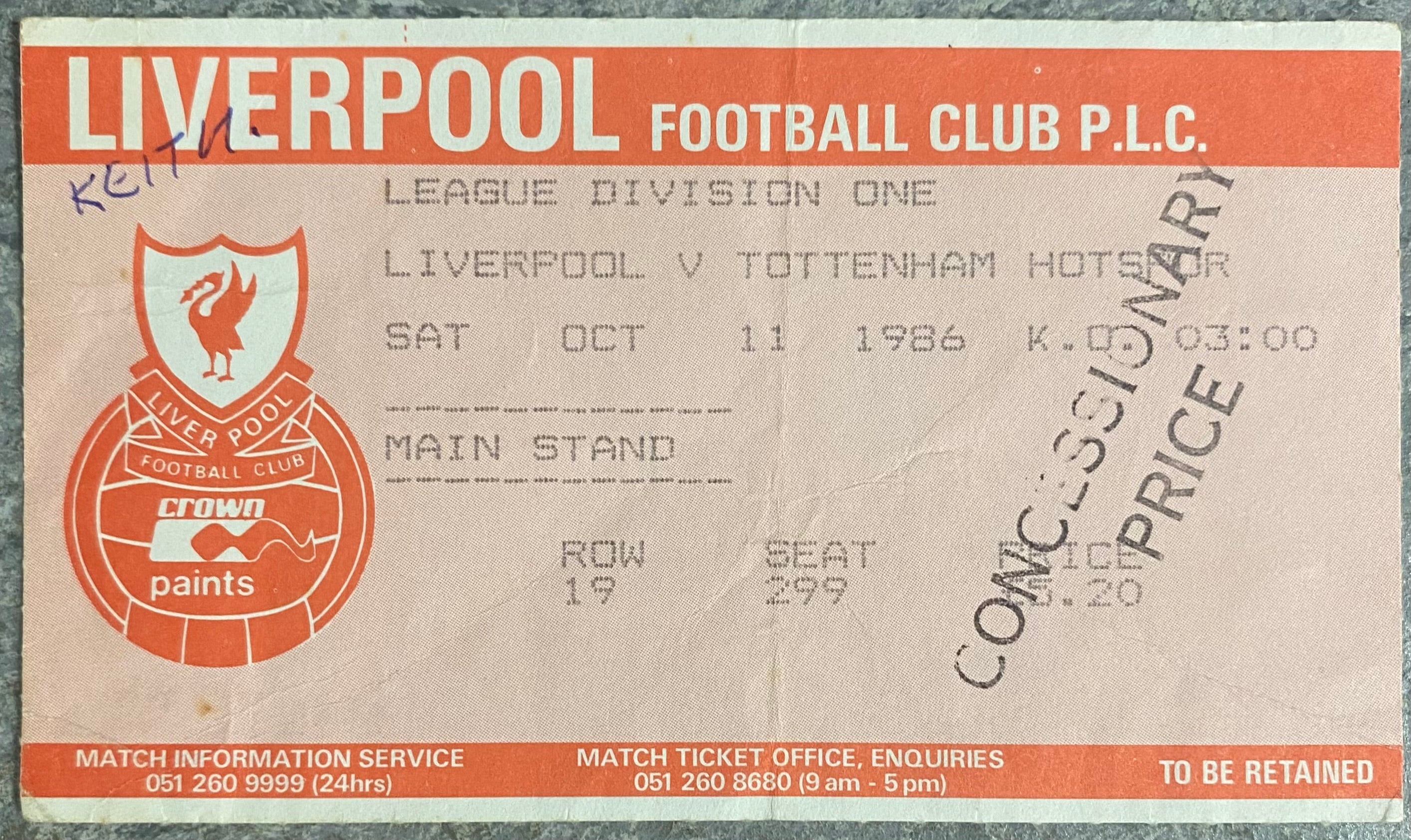 1986/87 ORIGINAL DIVISION ONE TICKET LIVERPOOL V TOTTENHAM HOTSPUR