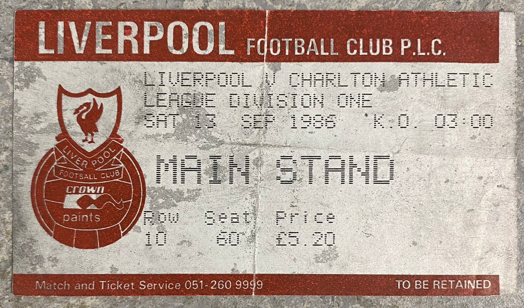 1986/87 ORIGINAL DIVISION ONE TICKET LIVERPOOL V CHARLTON ATHLETIC