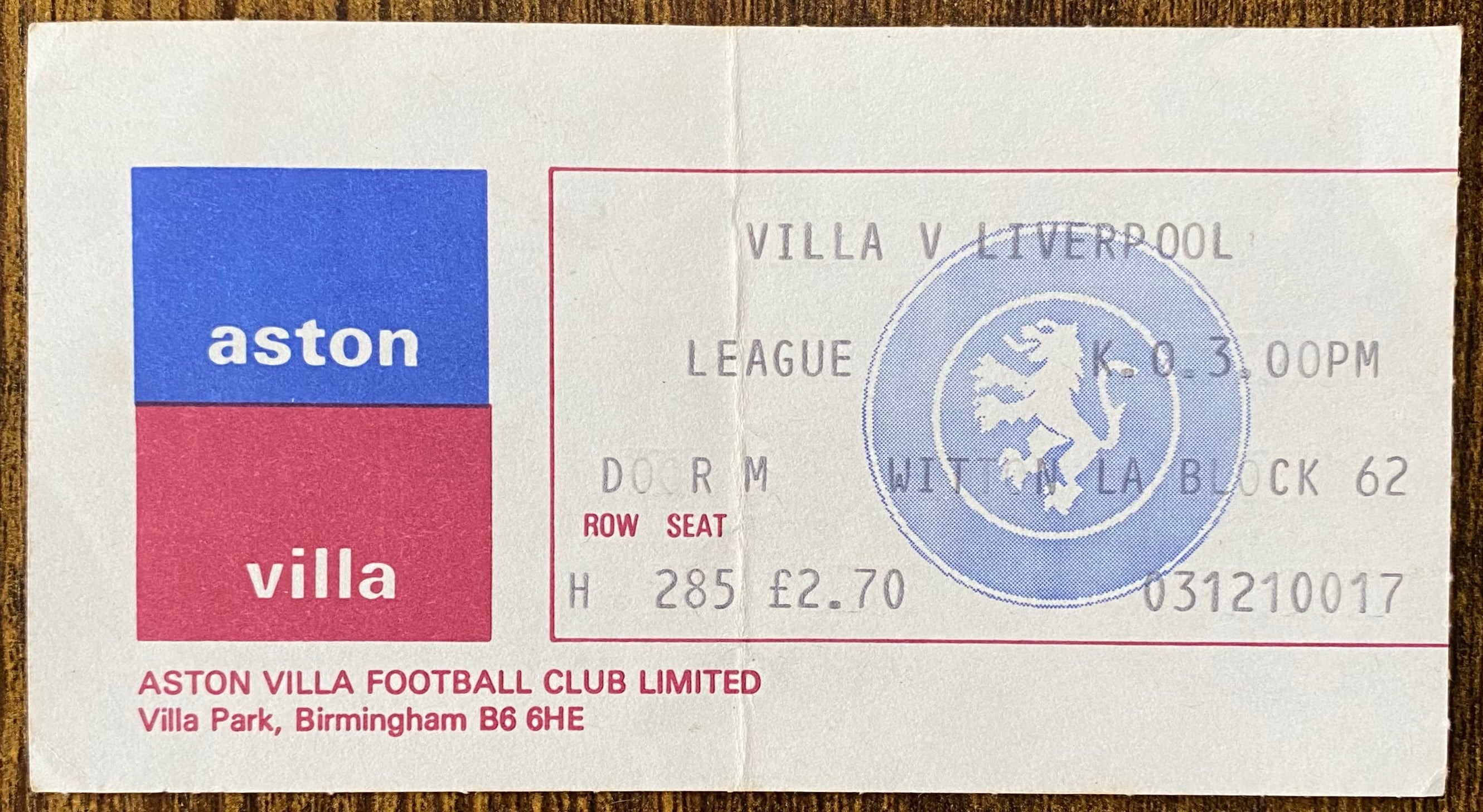 1979/80 ORIGINAL DIVISION ONE TICKET ASTON VILLA V LIVERPOOL