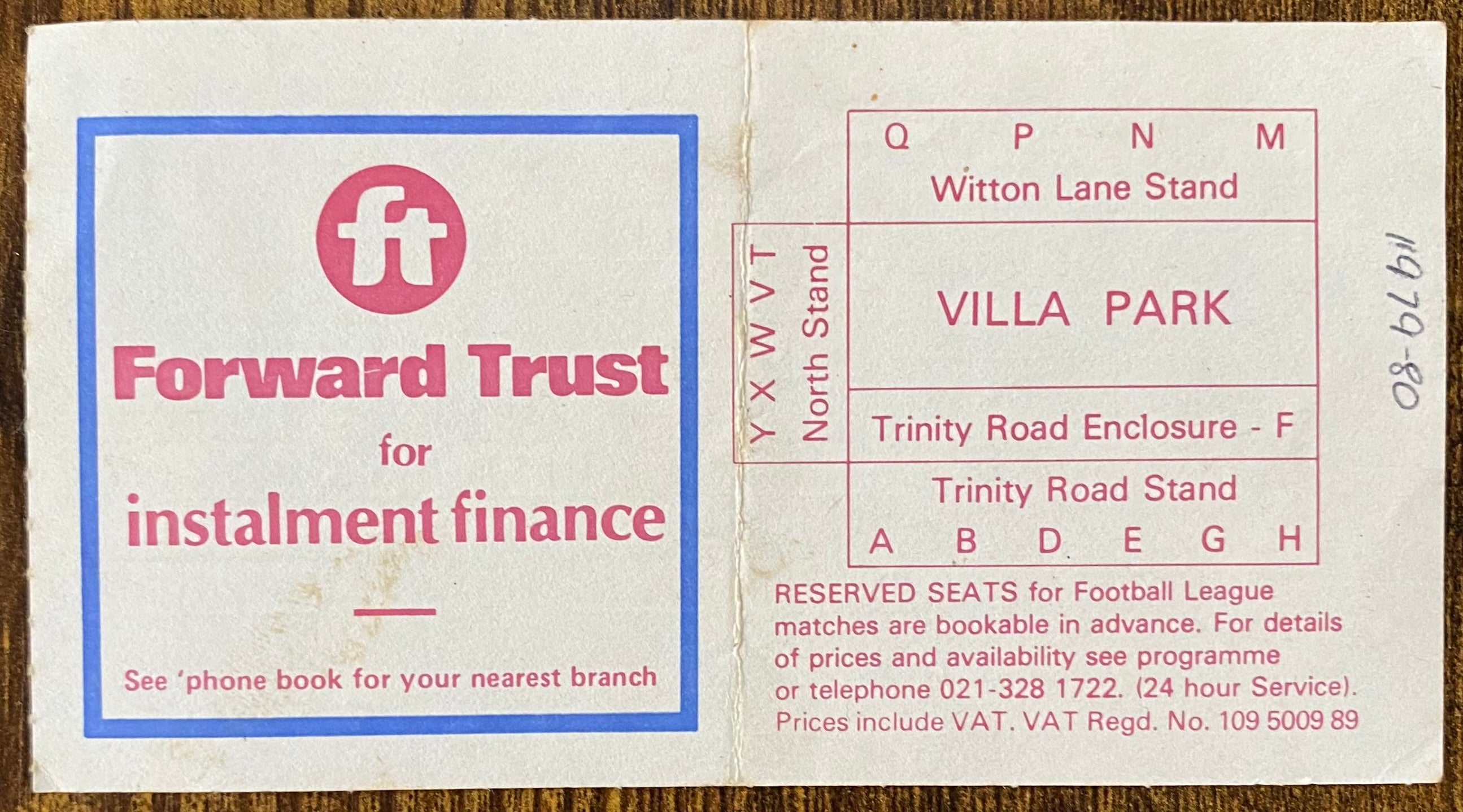 1979/80 ORIGINAL DIVISION ONE TICKET ASTON VILLA V LIVERPOOL