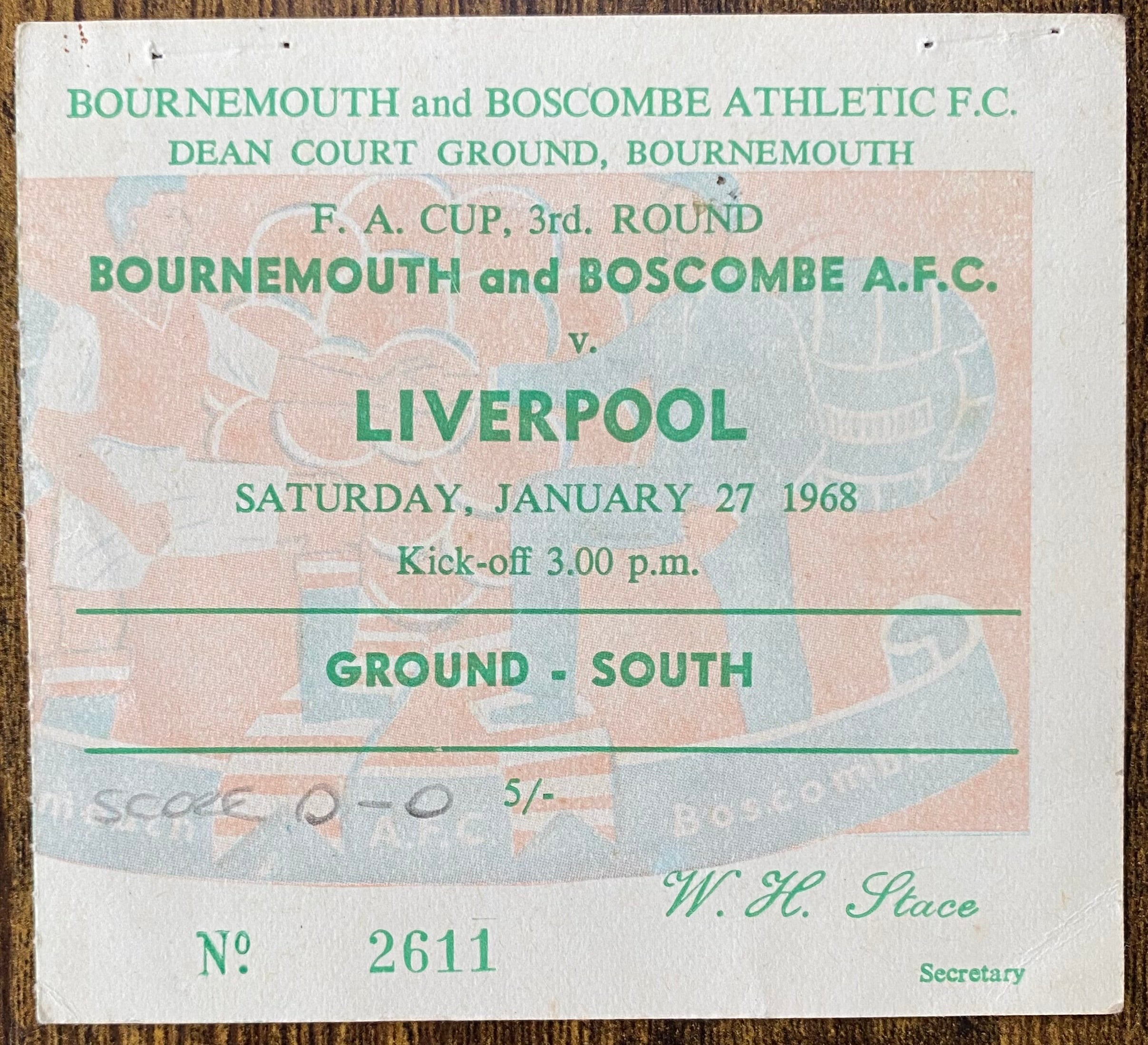 1967/68 ORIGINAL FA CUP 3RD ROUND TICKET BOURNEMOUTH & BOSCOMBE ATHLETIC V LIVERPOOL
