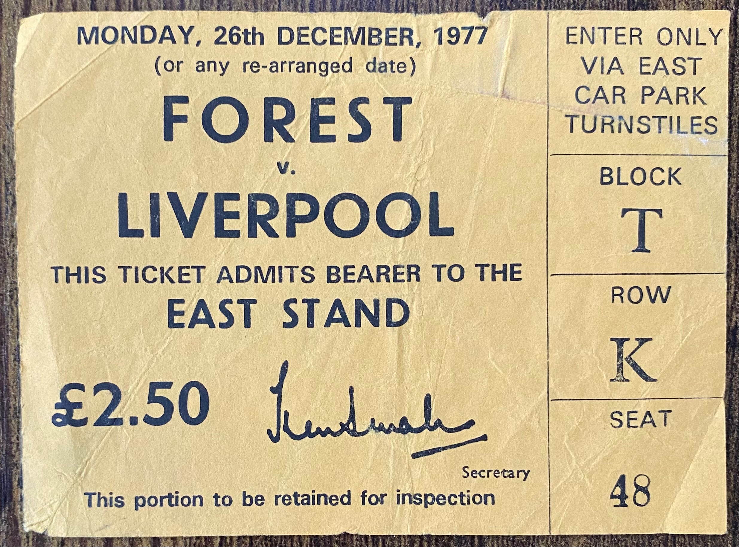1977/78 ORIGINAL DIVISION ONE TICKET NOTTINGHAM FOREST V LIVERPOOL