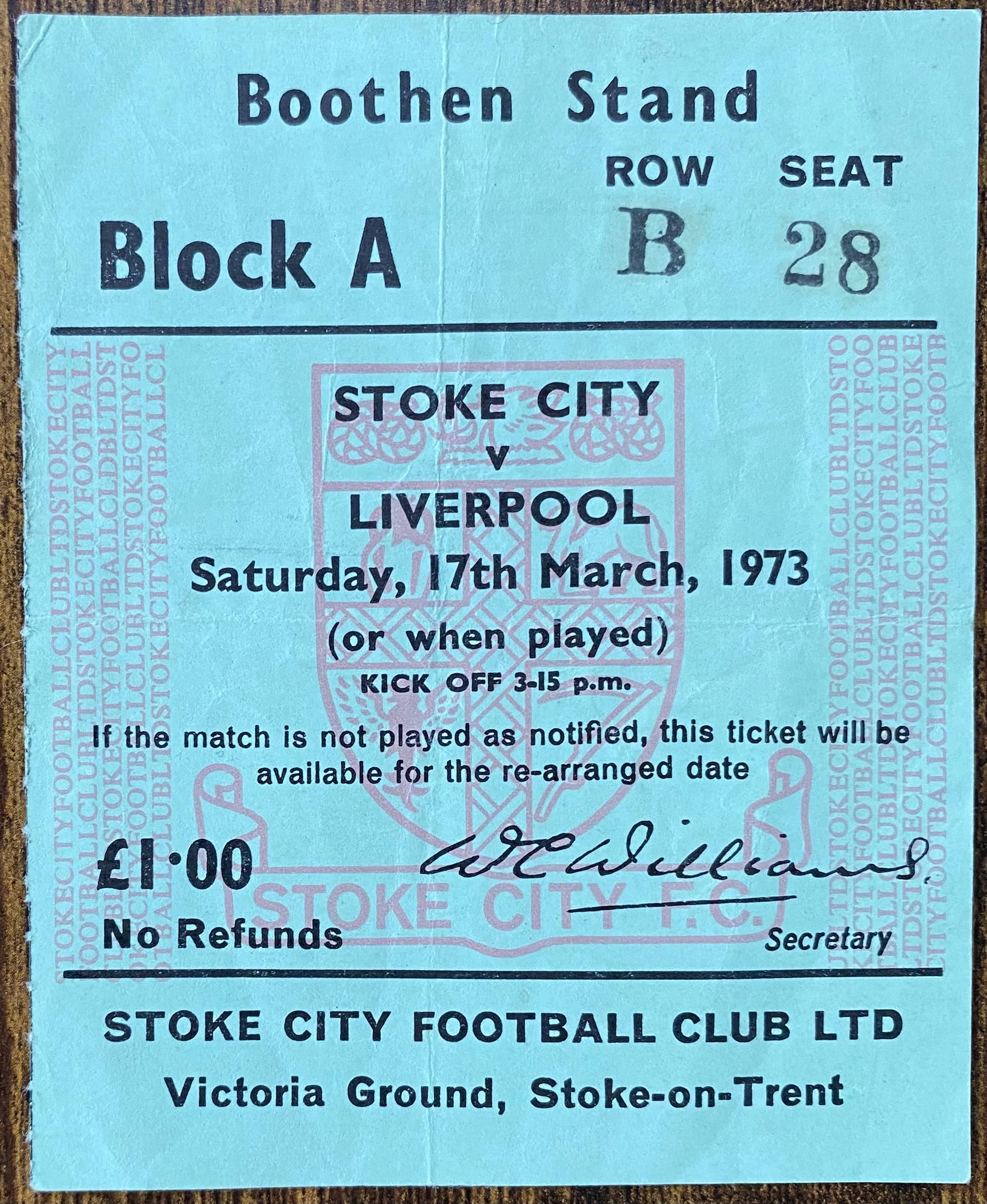 1972/73 ORIGINAL DIVISION ONE TICKET STOKE CITY V LIVERPOOL