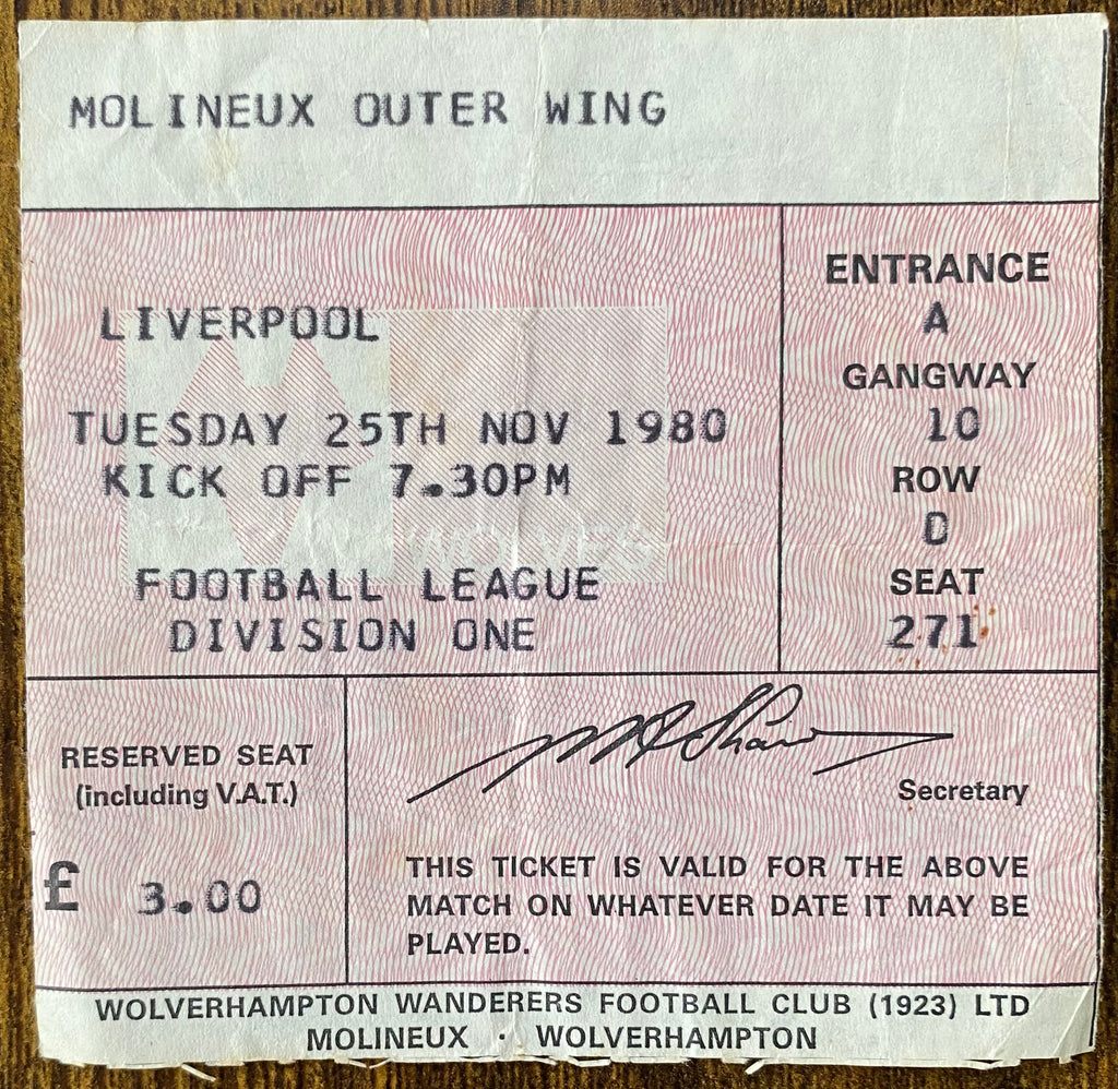 1980/81 ORIGINAL DIVISION ONE TICKET WOLVERHAMPTON WANDERERS V LIVERPOOL
