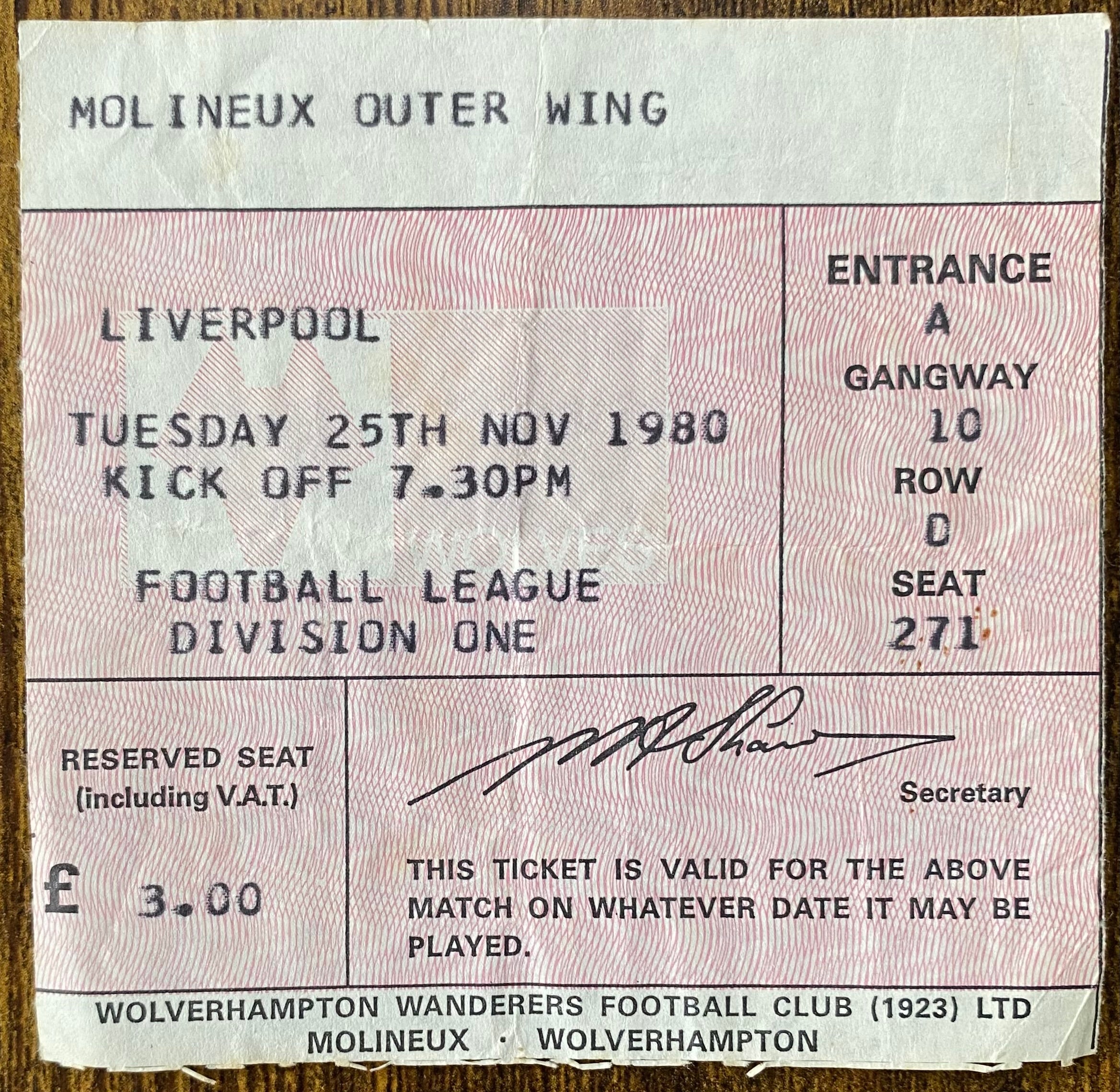 1980/81 ORIGINAL DIVISION ONE TICKET WOLVERHAMPTON WANDERERS V LIVERPOOL