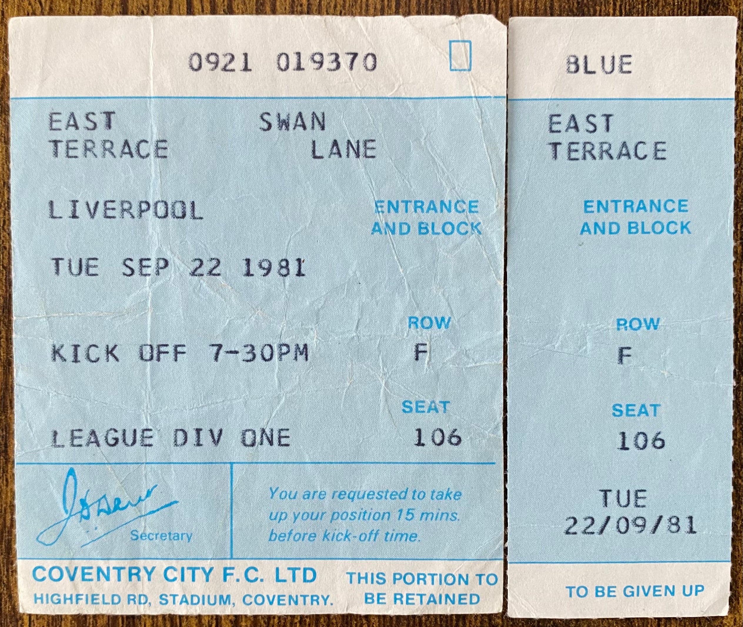 1981/82 ORIGINAL DIVISION ONE TICKET COVENTRY CITY V LIVERPOOL