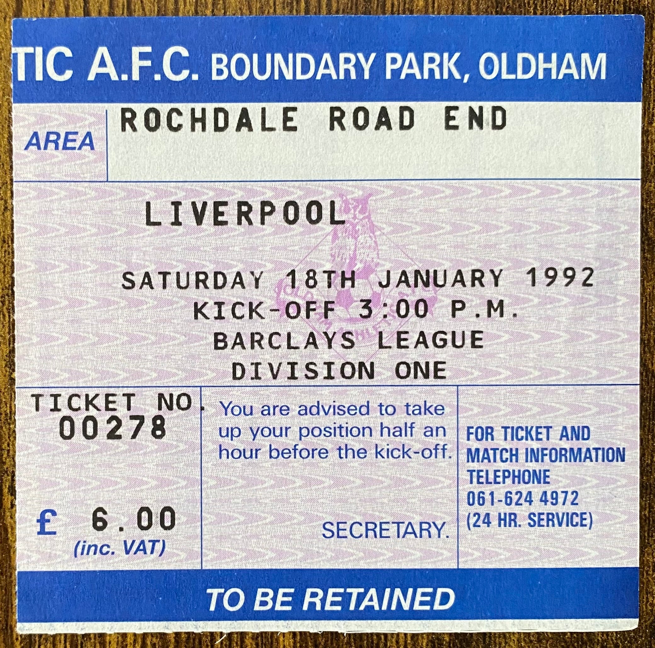 1991/92 ORIGINAL DIVISION ONE TICKET OLDHAM ATHLETIC V LIVERPOOL