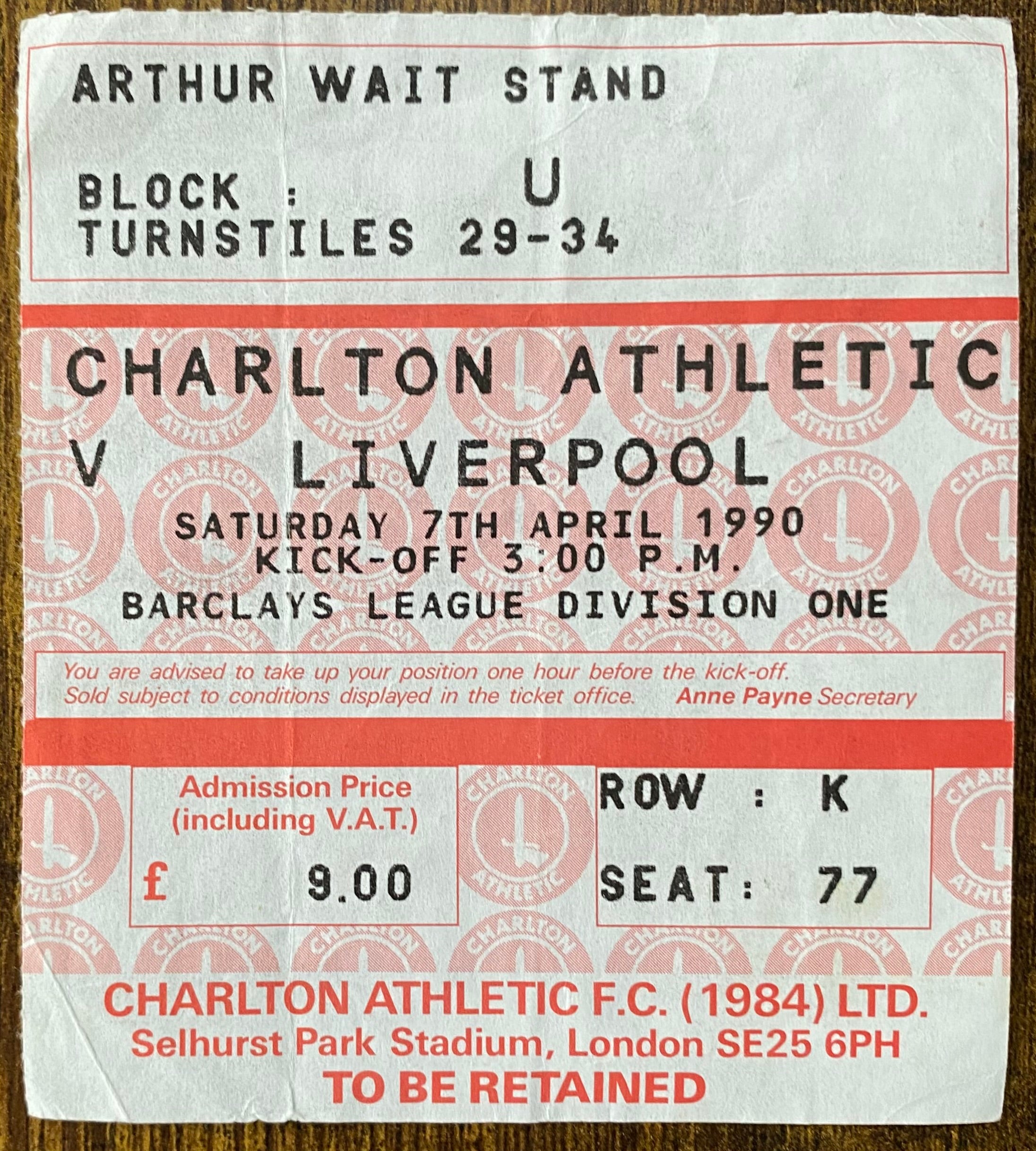 1989/90 ORIGINAL DIVISION ONE TICKET CHARLTON ATHLETIC V LIVERPOOL