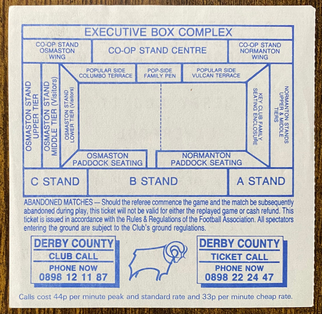1990/91 ORIGINAL DIVISION ONE TICKET DERBY COUNTY V LIVERPOOL
