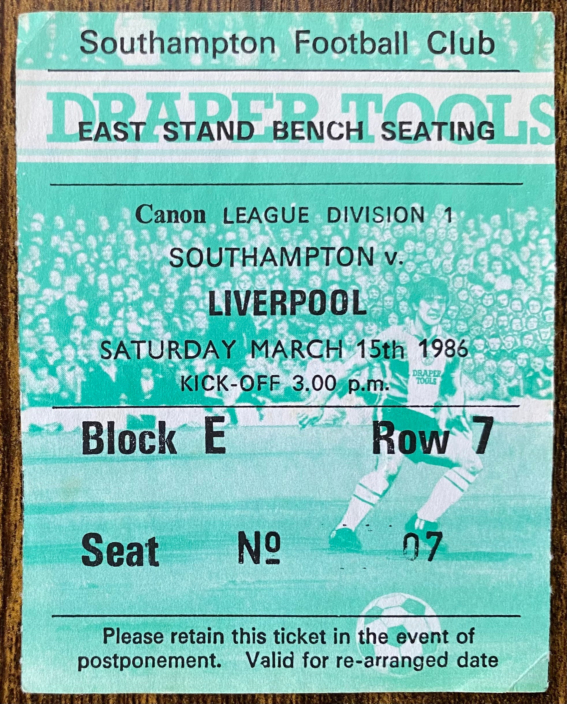 1985/86 ORIGINAL DIVISION ONE TICKET SOUTHAMPTON V LIVERPOOL