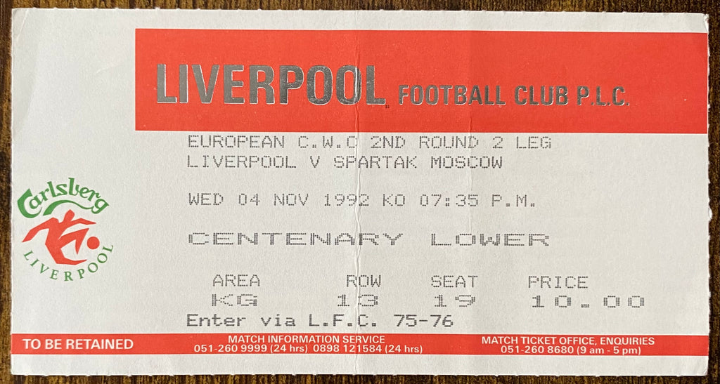 1992/93 ORIGINAL EUROPEAN CUP WINNERS CUP 2ND ROUND 2ND LEG TICKET LIVERPOOL V SPARTAK MOSCOW