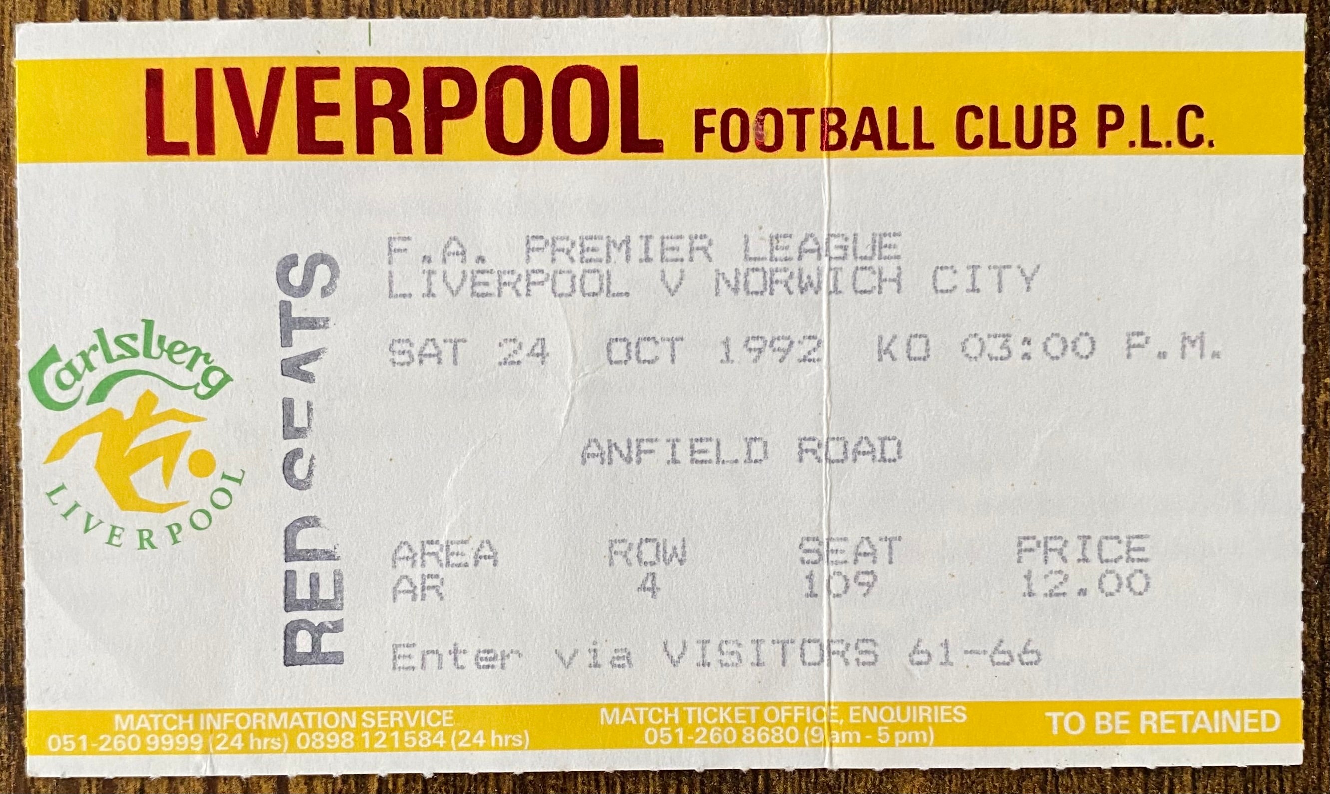 1992/93 ORIGINAL FA PREMIER LEAGUE TICKET LIVERPOOL V NORWICH CITY