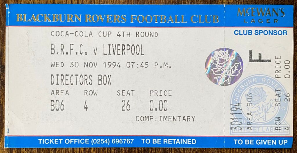 1994/95 ORIGINAL COCA COLA CUP 4TH ROUND UNUSED TICKET BLACKBURN ROVERS V LIVERPOOL