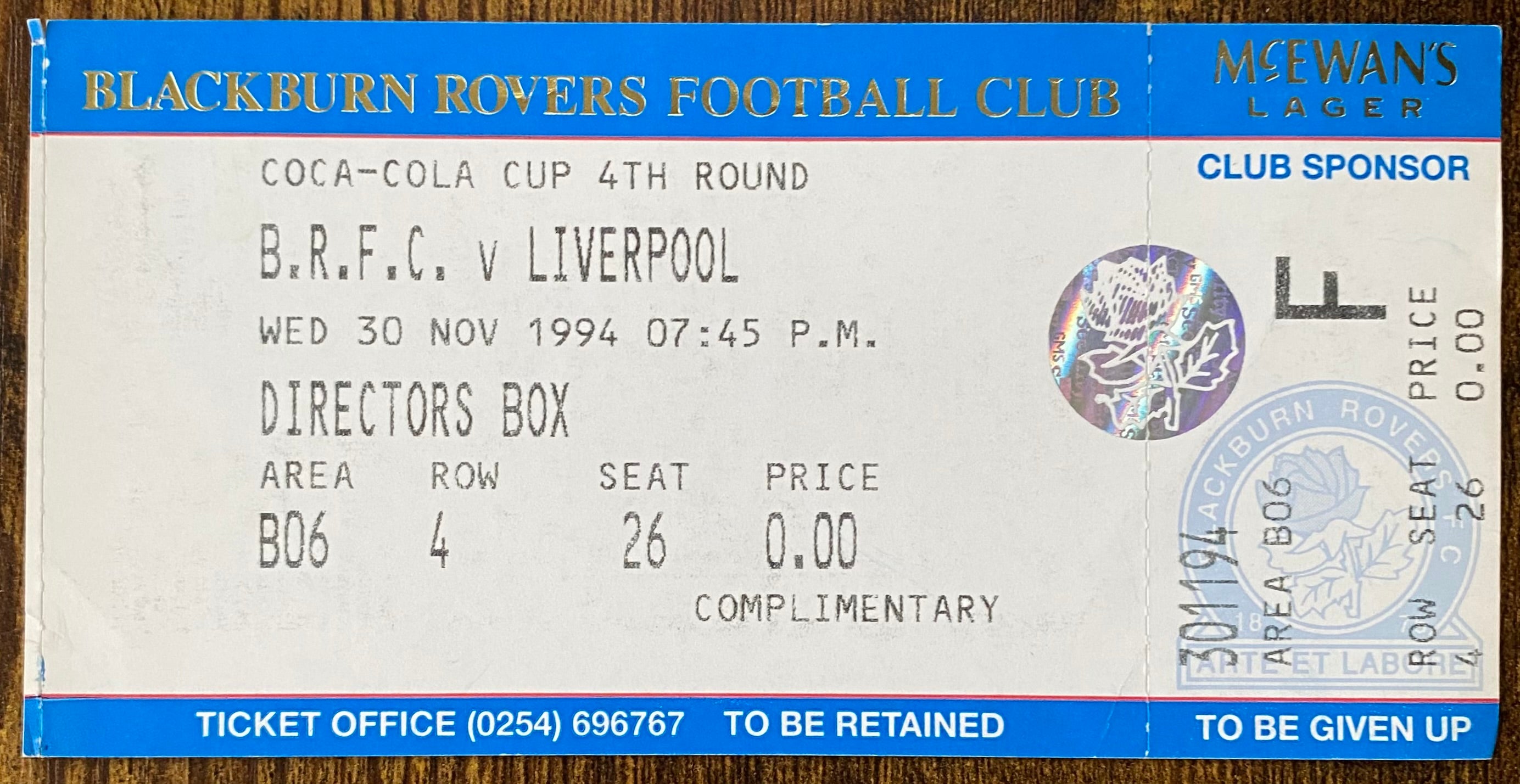 1994/95 ORIGINAL COCA COLA CUP 4TH ROUND UNUSED TICKET BLACKBURN ROVERS V LIVERPOOL