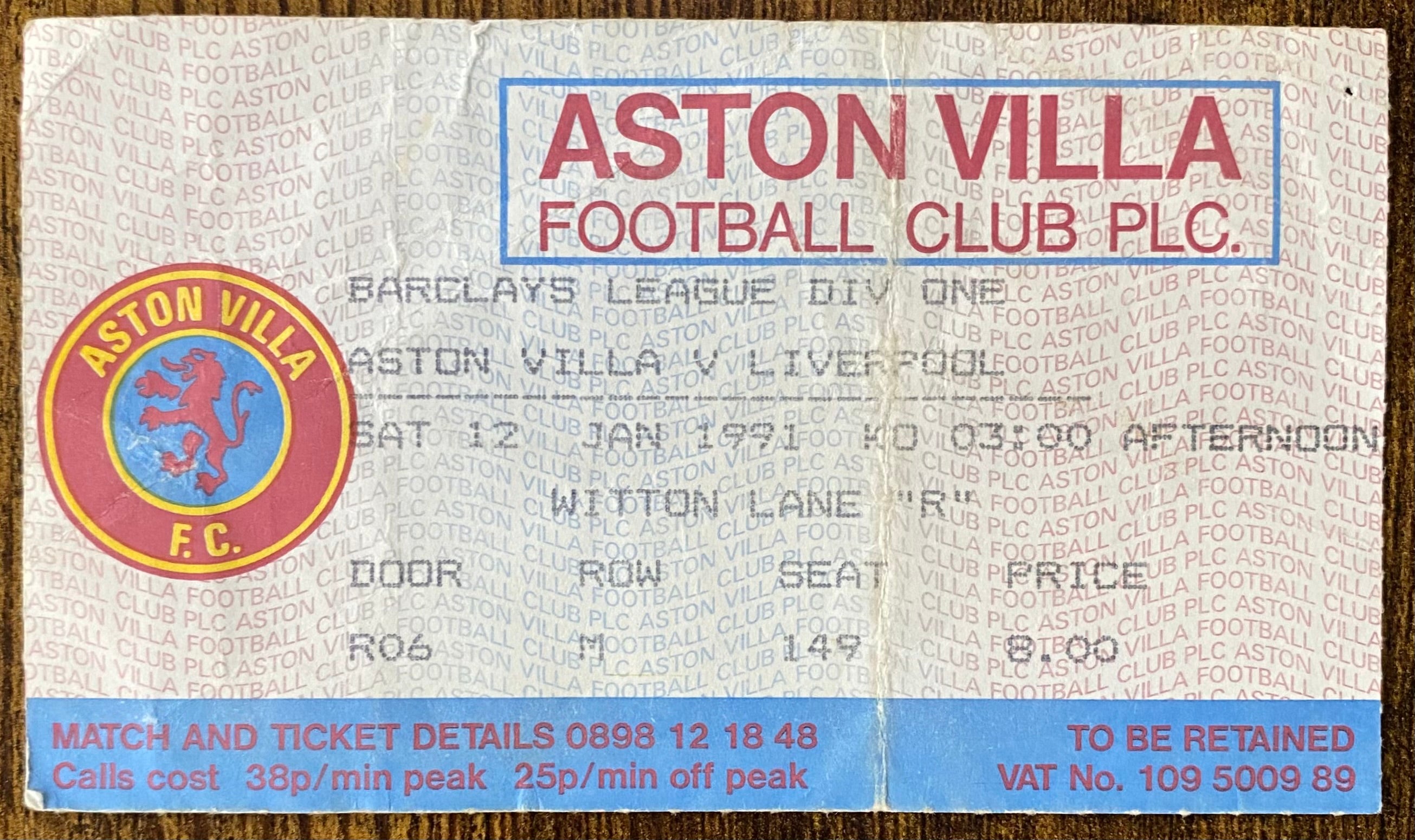 1990/91 ORIGINAL DIVISION ONE TICKET ASTON VILLA V LIVERPOOL