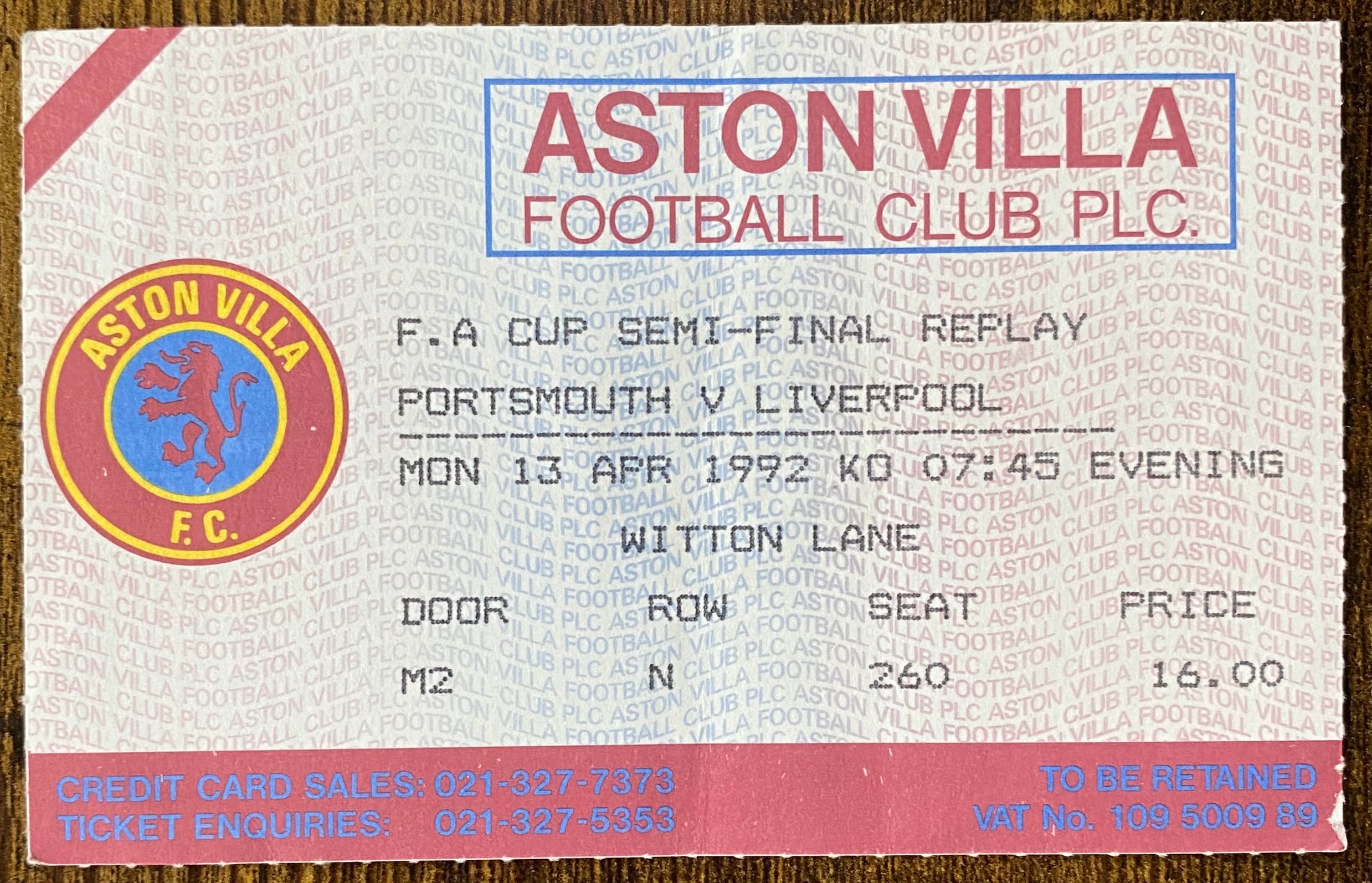 1992 ORIGINAL FA CUP SEMI FINAL REPLAY TICKET LIVERPOOL V PORTSMOUTH @ VILLA PARK