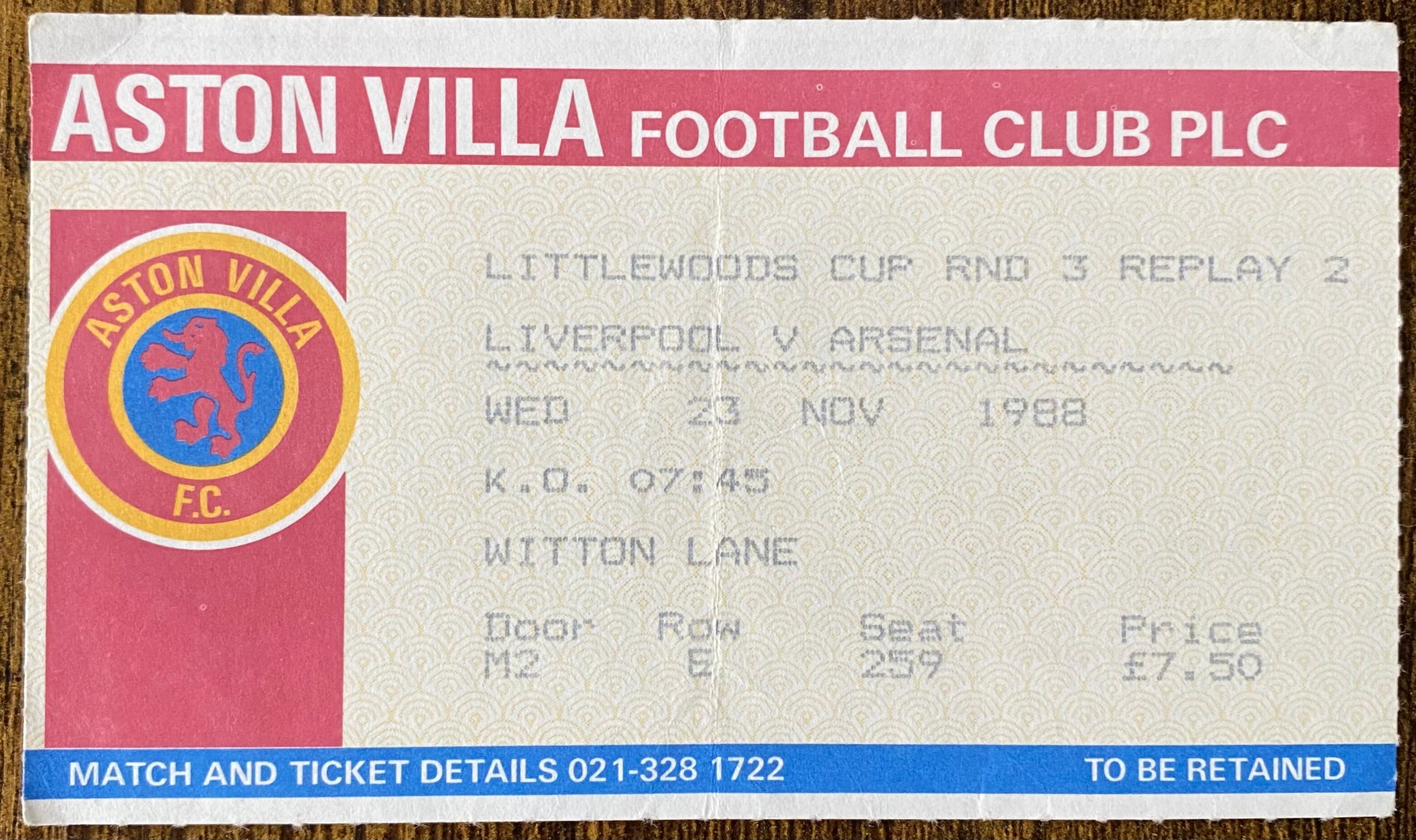1988/89 ORIGINAL LEAGUE CUP 3RD ROUND 2ND REPLAY TICKET ARSENAL V LIVERPOOL @ VILLA PARK