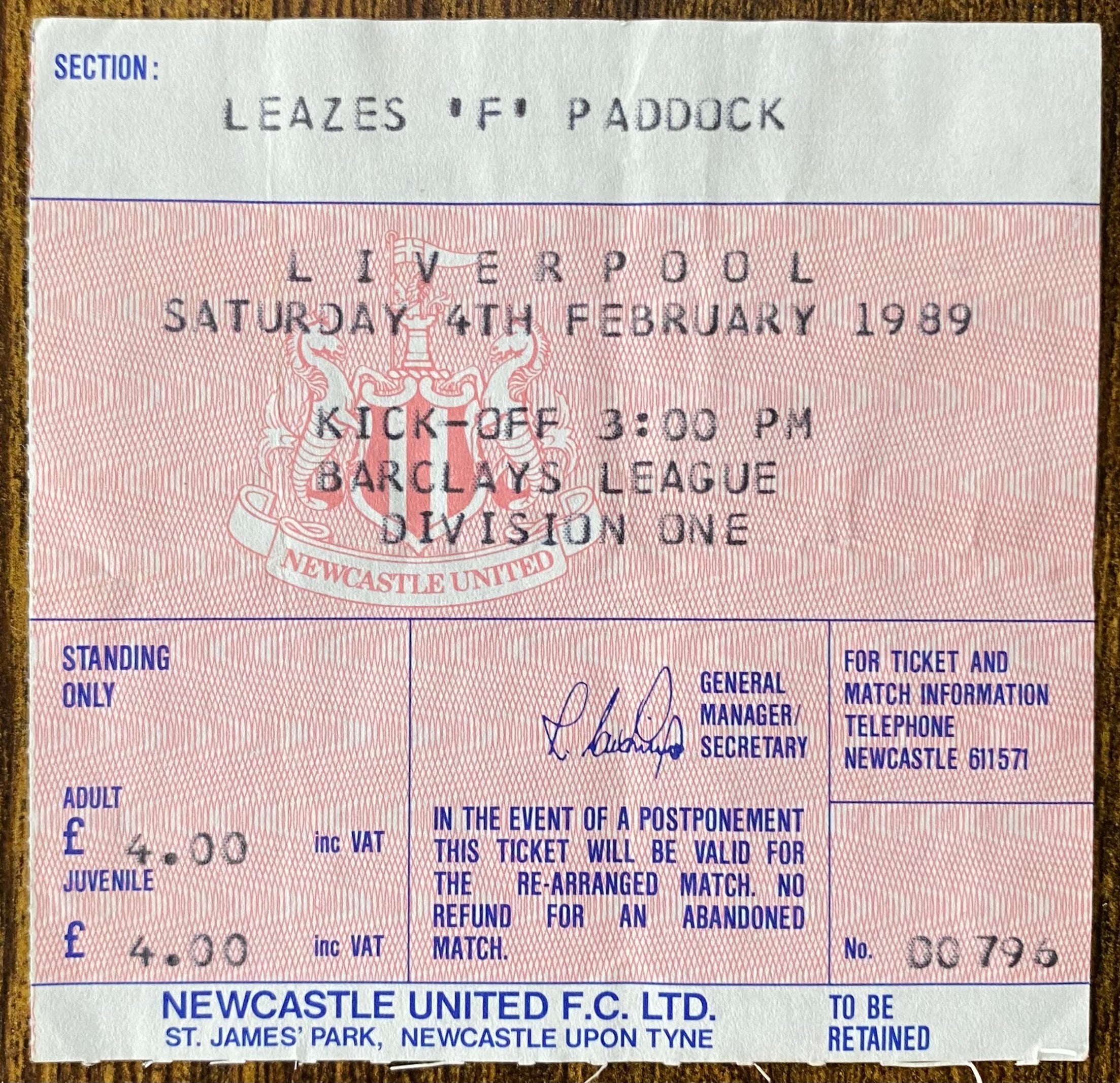 1988/89 ORIGINAL DIVISION ONE TICKET NEWCASTLE UNITED V LIVERPOOL