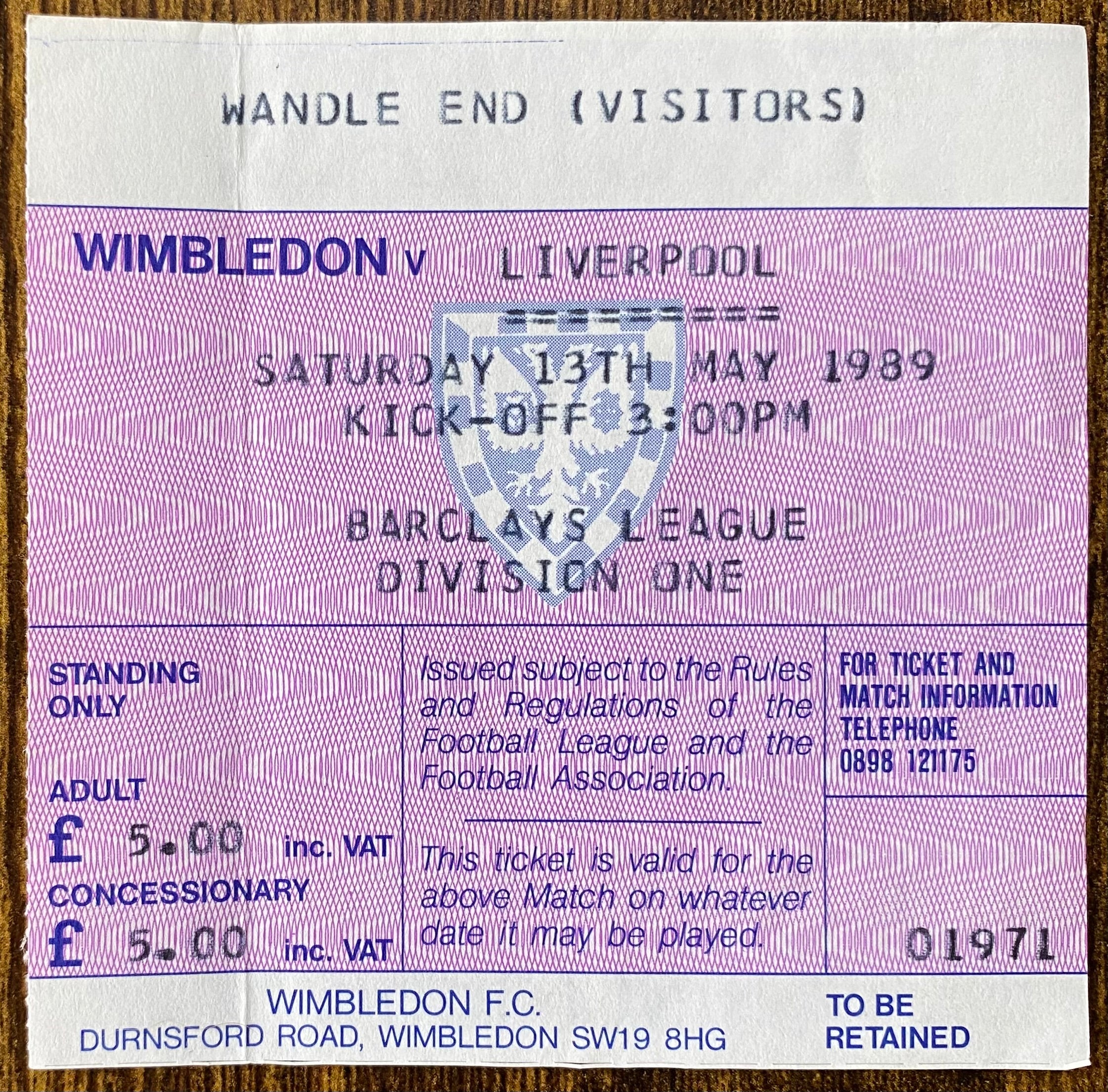 1988/89 ORIGINAL DIVISION ONE TICKET WIMBLEDON V LIVERPOOL
