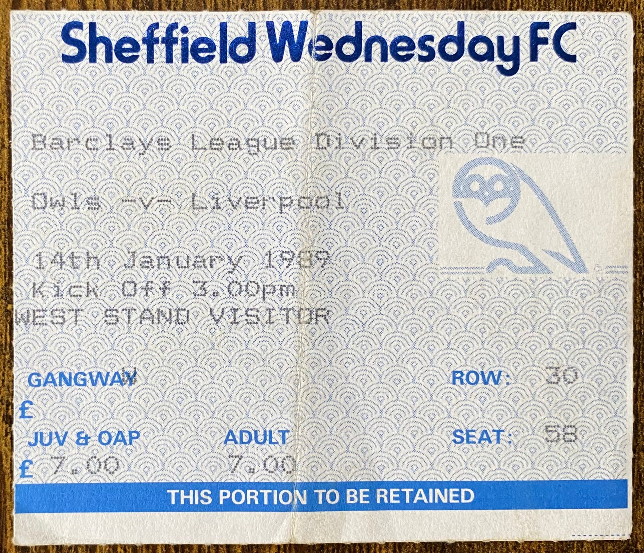 1988/89 ORIGINAL DIVISION ONE TICKET SHEFFIELD WEDNESDAY V LIVERPOOL